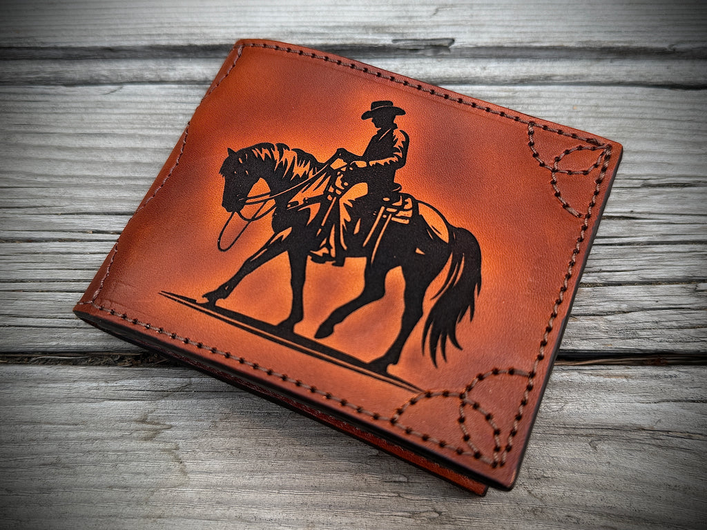 Cowboy Western Deluxe Bifold - Premium  laser engraved and stitched handmade leather wallet- Made In USA