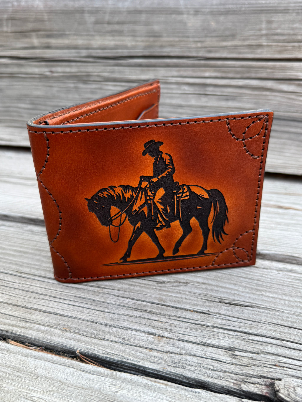 Cowboy Western Deluxe Bifold - Premium  laser engraved and stitched handmade leather wallet- Made In USA