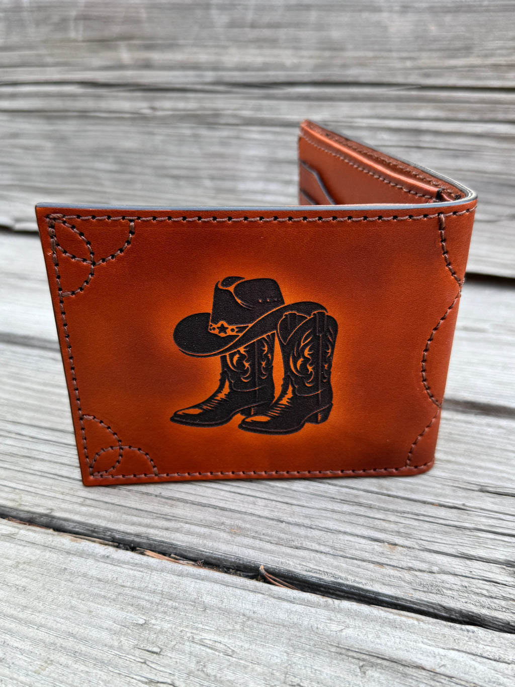 Cowboy Western Deluxe Bifold - Premium  laser engraved and stitched handmade leather wallet- Made In USA
