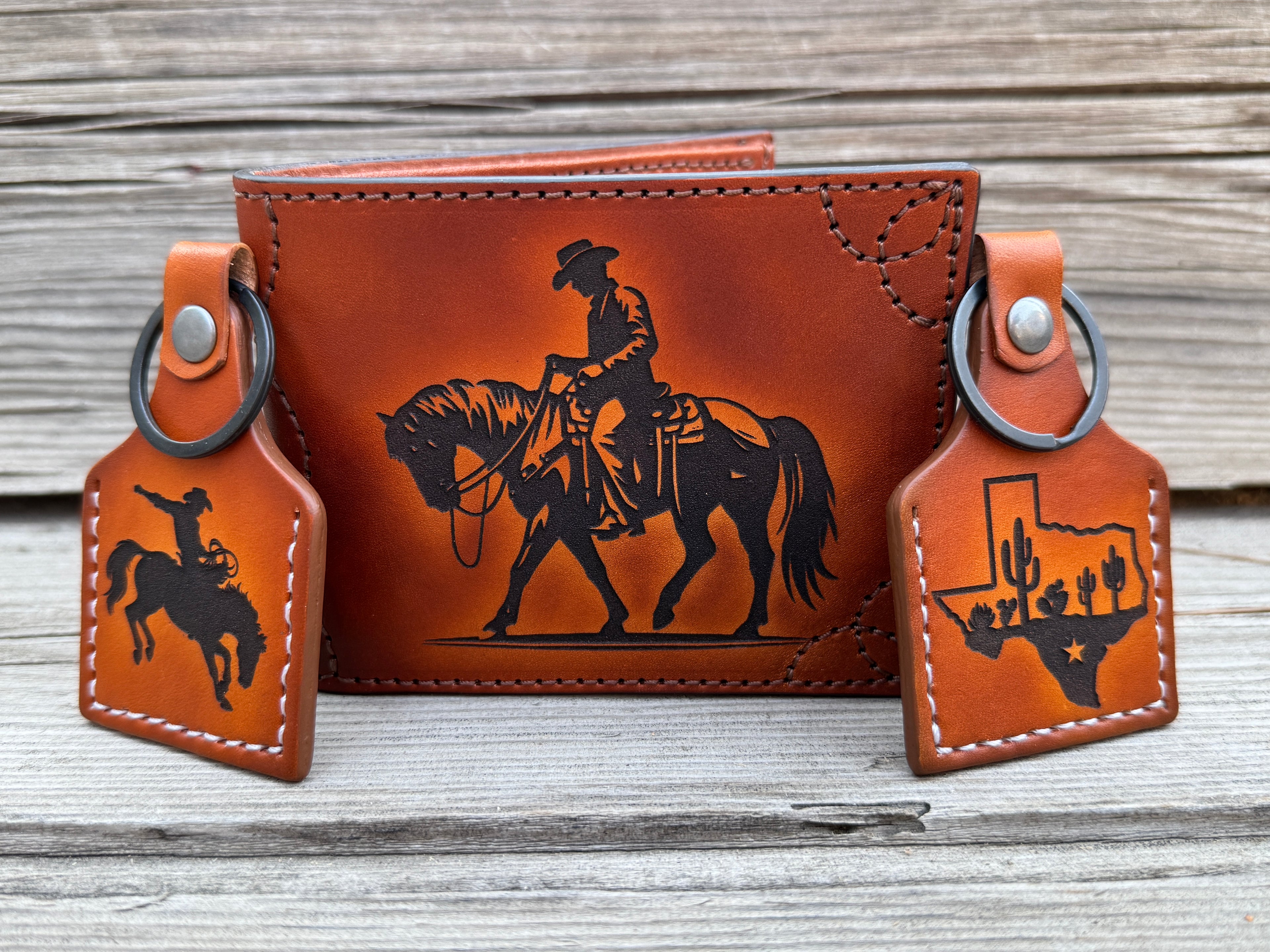 Cowboy Western Deluxe Bifold - Premium  laser engraved and stitched handmade leather wallet- Made In USA