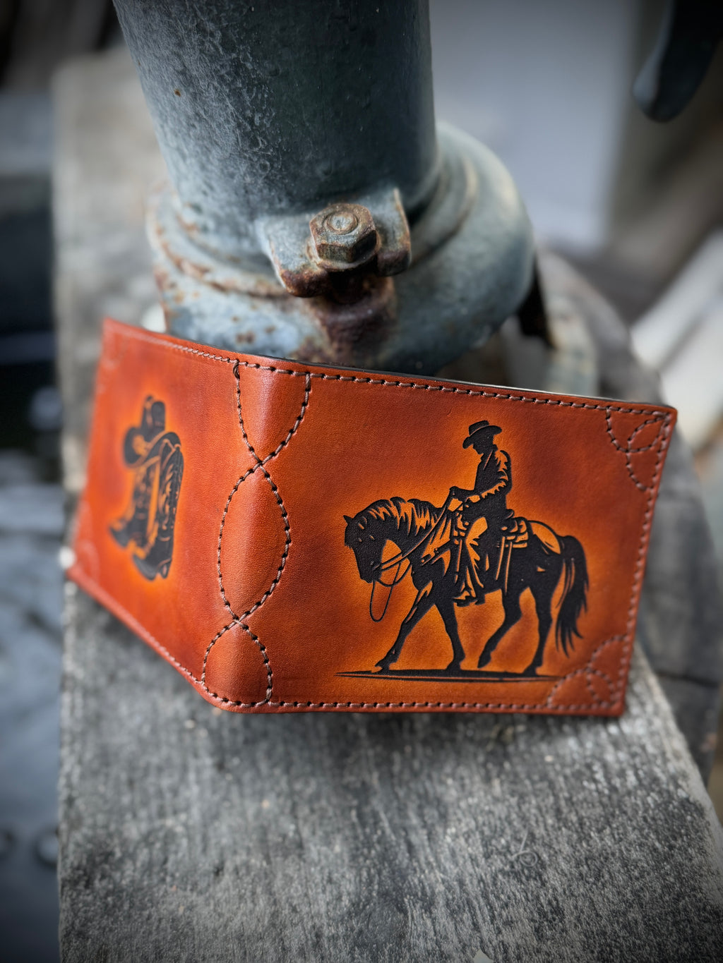 Cowboy Western Deluxe Bifold - Premium  laser engraved and stitched handmade leather wallet- Made In USA