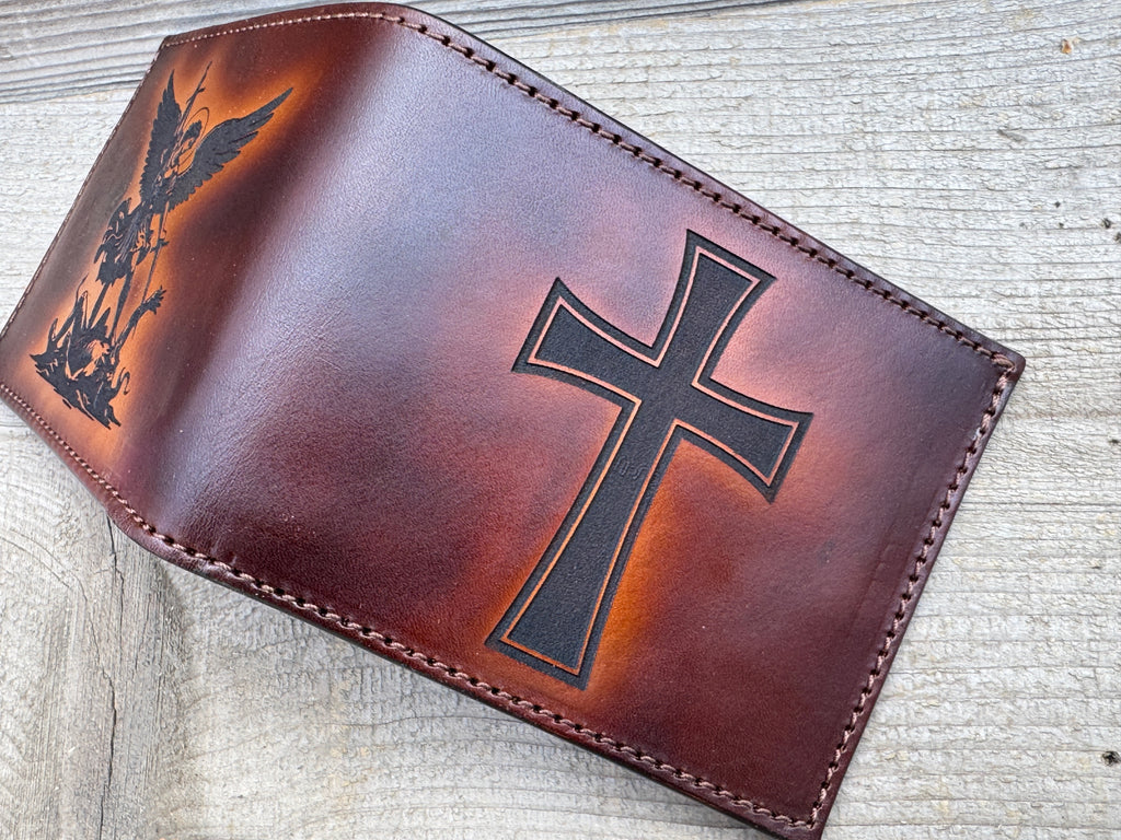 Spiritual Warrior Wallet - Engraved Christian cross and Archangel Michael design Premium Bifold