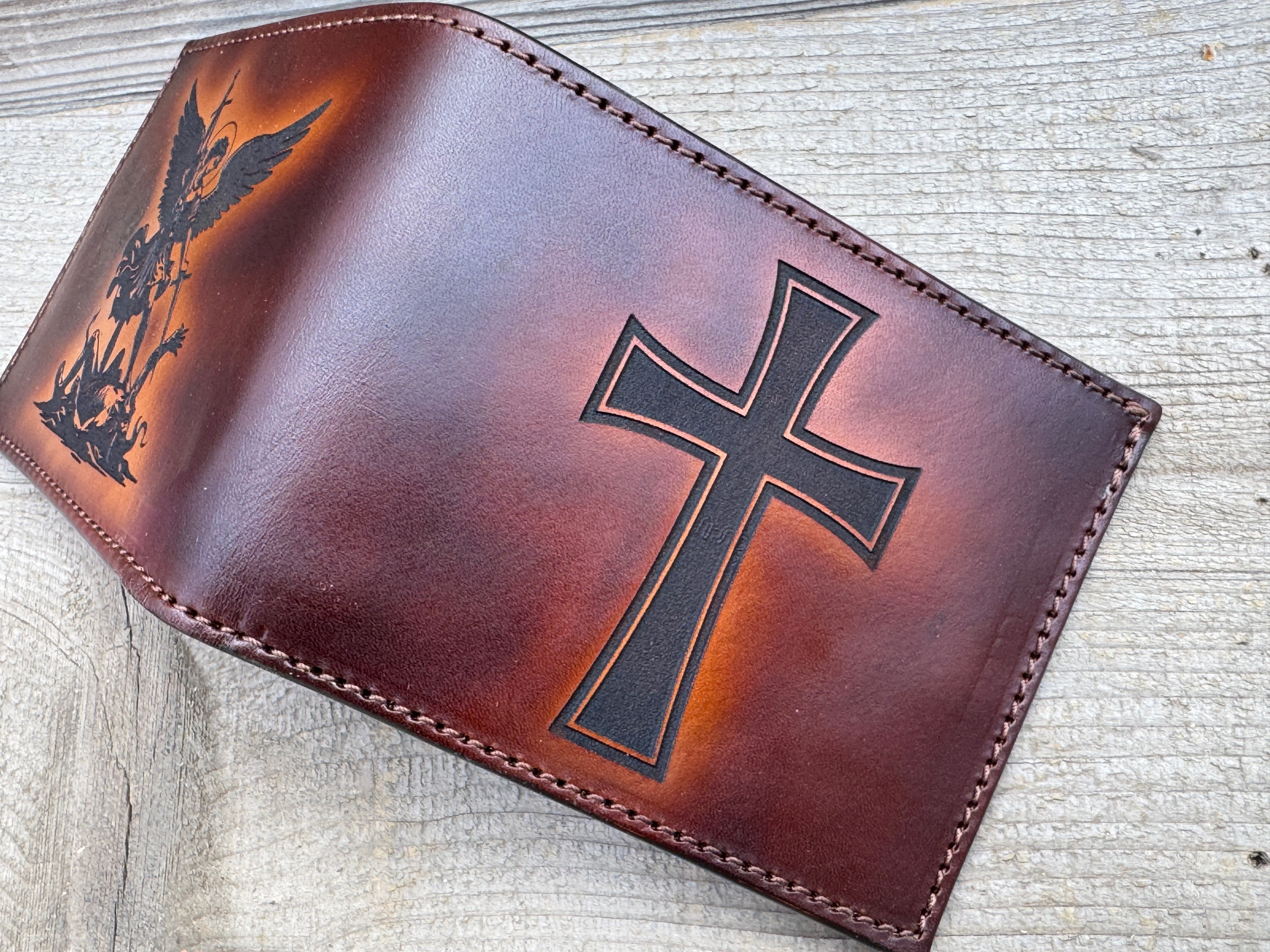 Spiritual Warrior Wallet - Engraved Christian cross and Archangel Michael design Premium Bifold