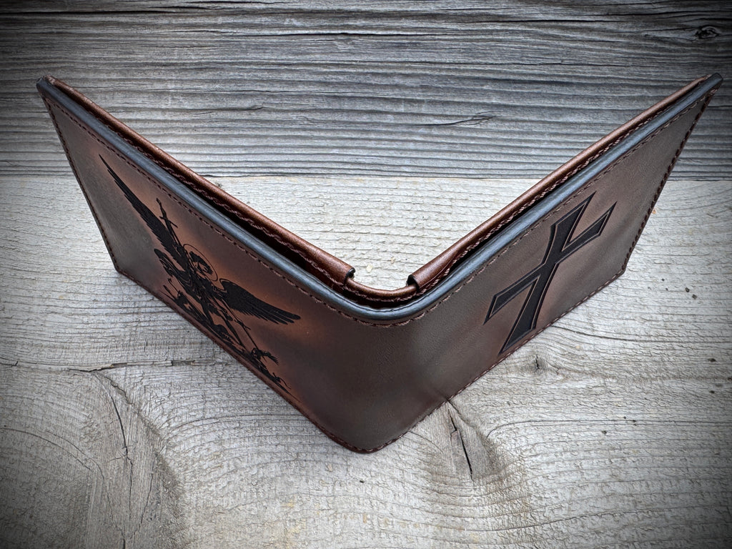 Spiritual Warrior Wallet - Engraved Christian cross and Archangel Michael design Premium Bifold