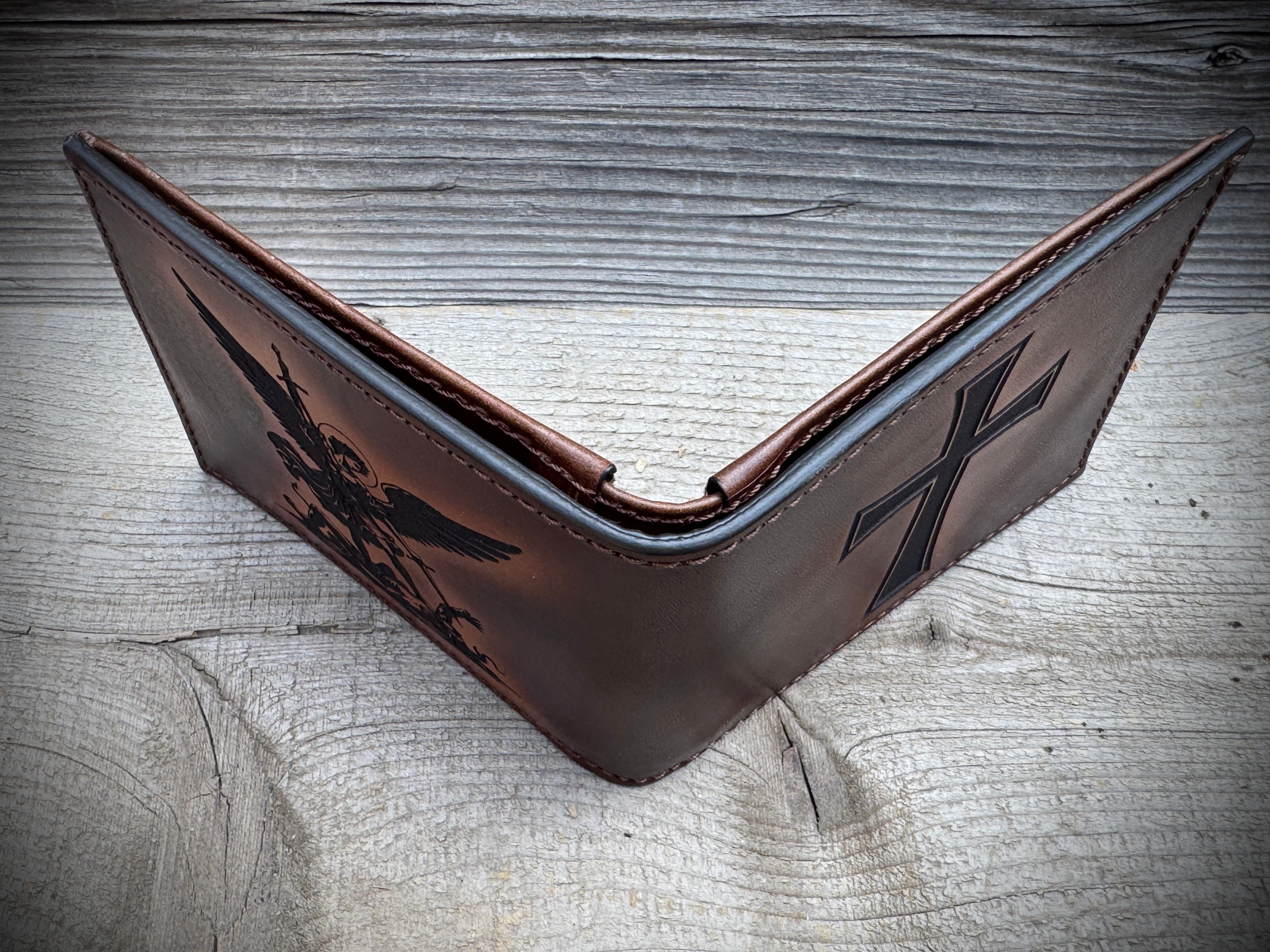 Spiritual Warrior Wallet - Engraved Christian cross and Archangel Michael design Premium Bifold
