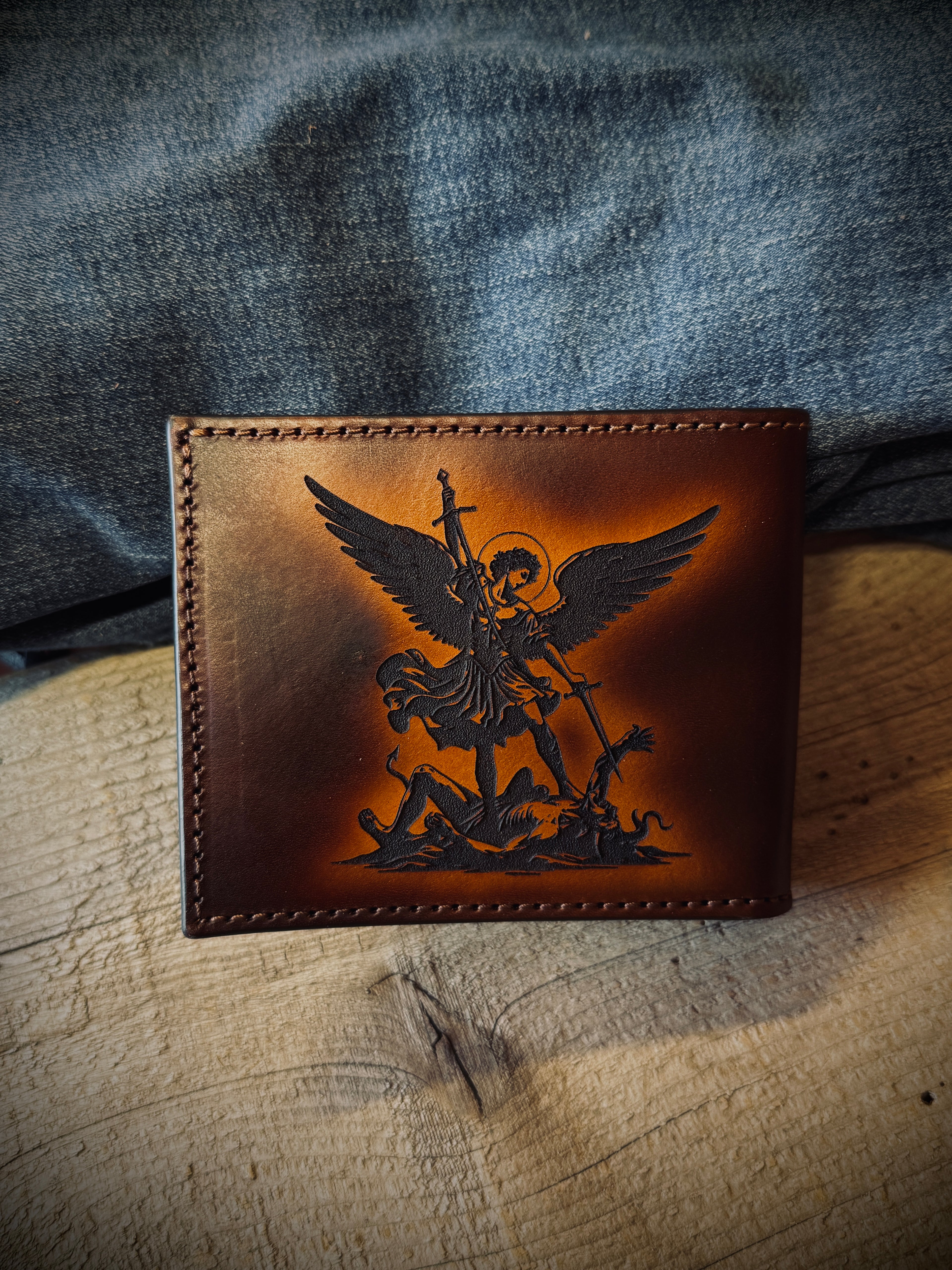 Spiritual Warrior Wallet - Engraved Christian cross and Archangel Michael design Premium Bifold