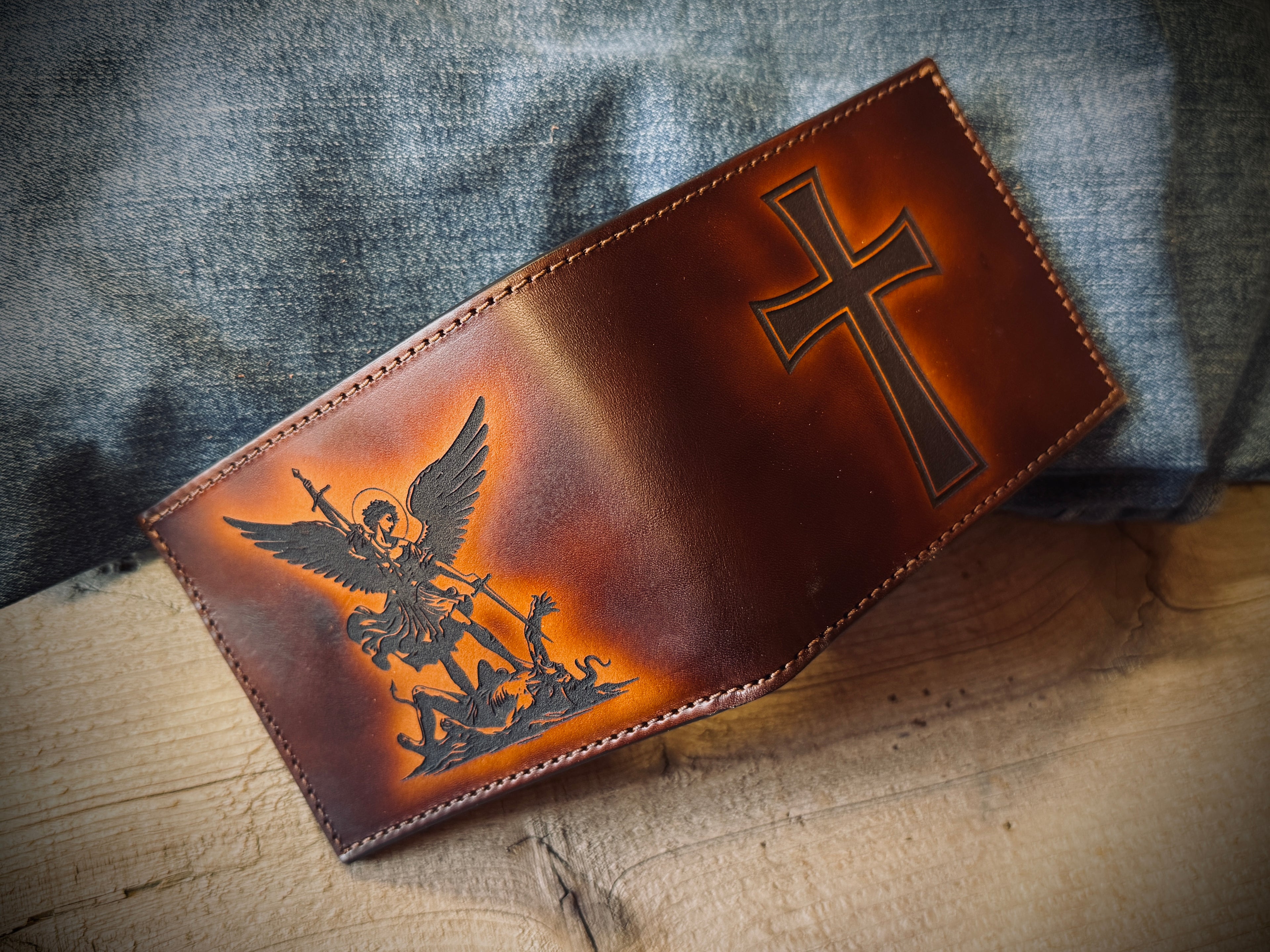 Spiritual Warrior Wallet - Engraved Christian cross and Archangel Michael design Premium Bifold