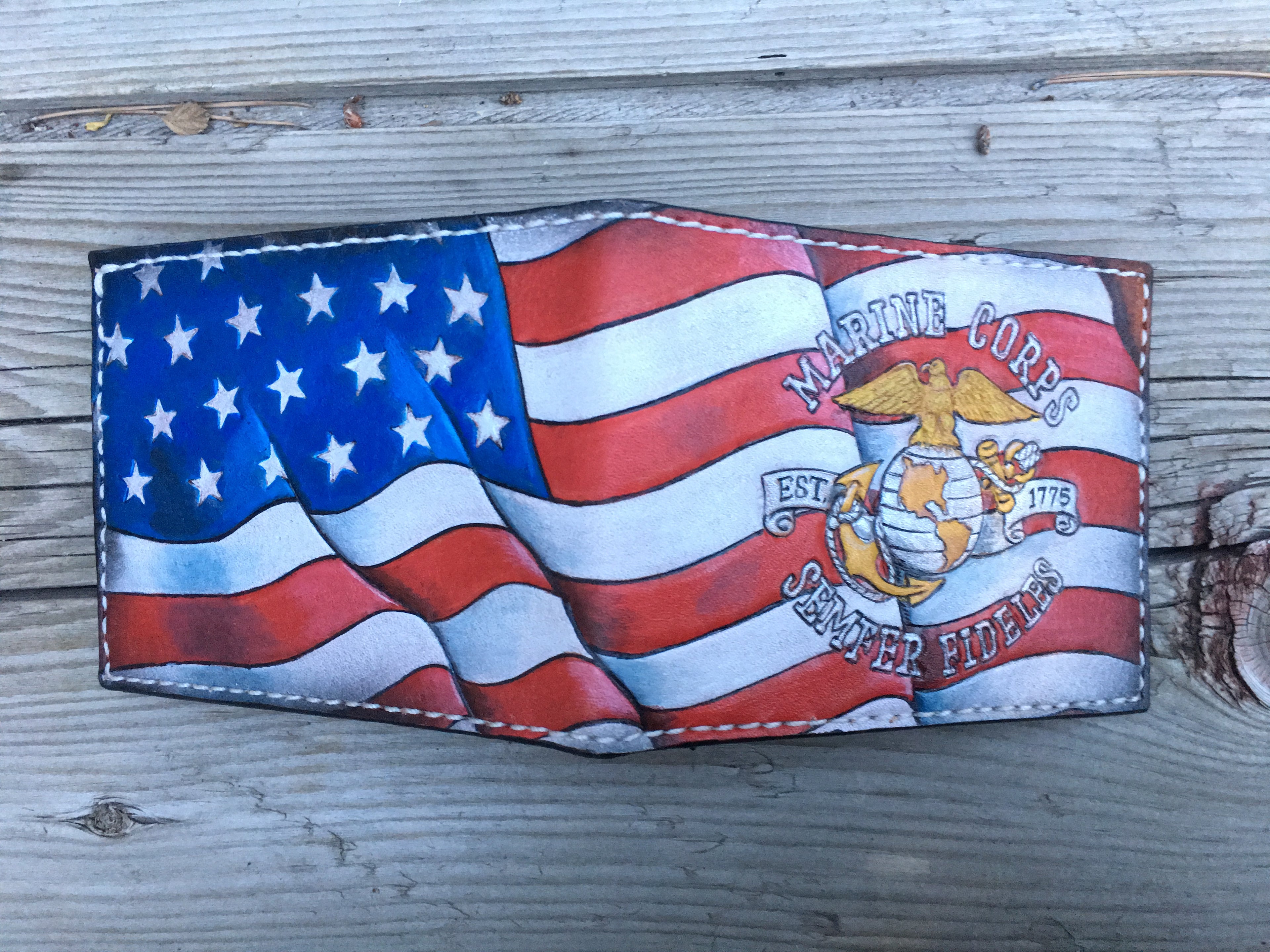 Military Branch Bifold Wallet - Wavy Hand tooled American Flag Background - Made in USA