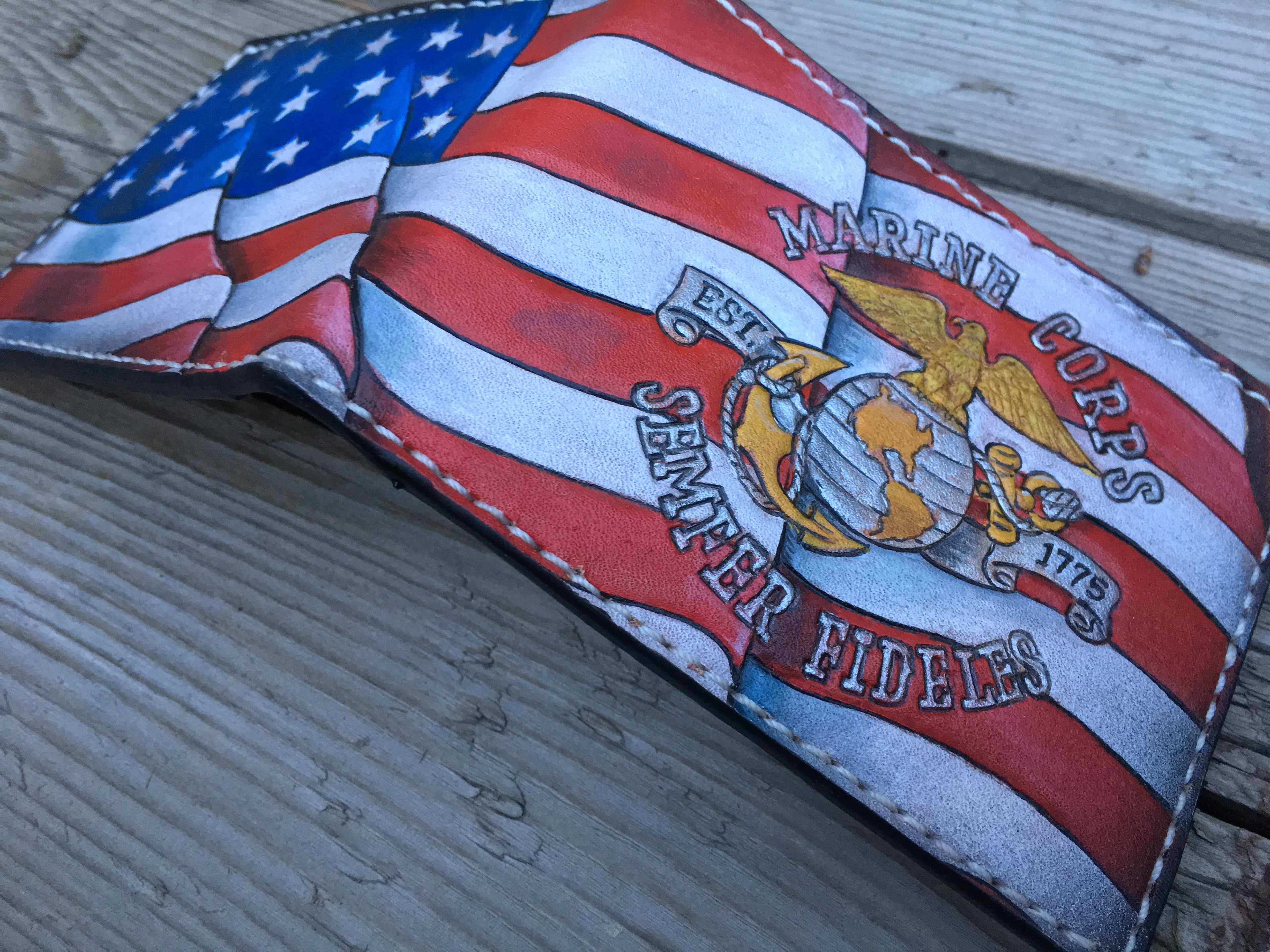 Military Branch Bifold Wallet - Wavy Hand tooled American Flag Background - Made in USA