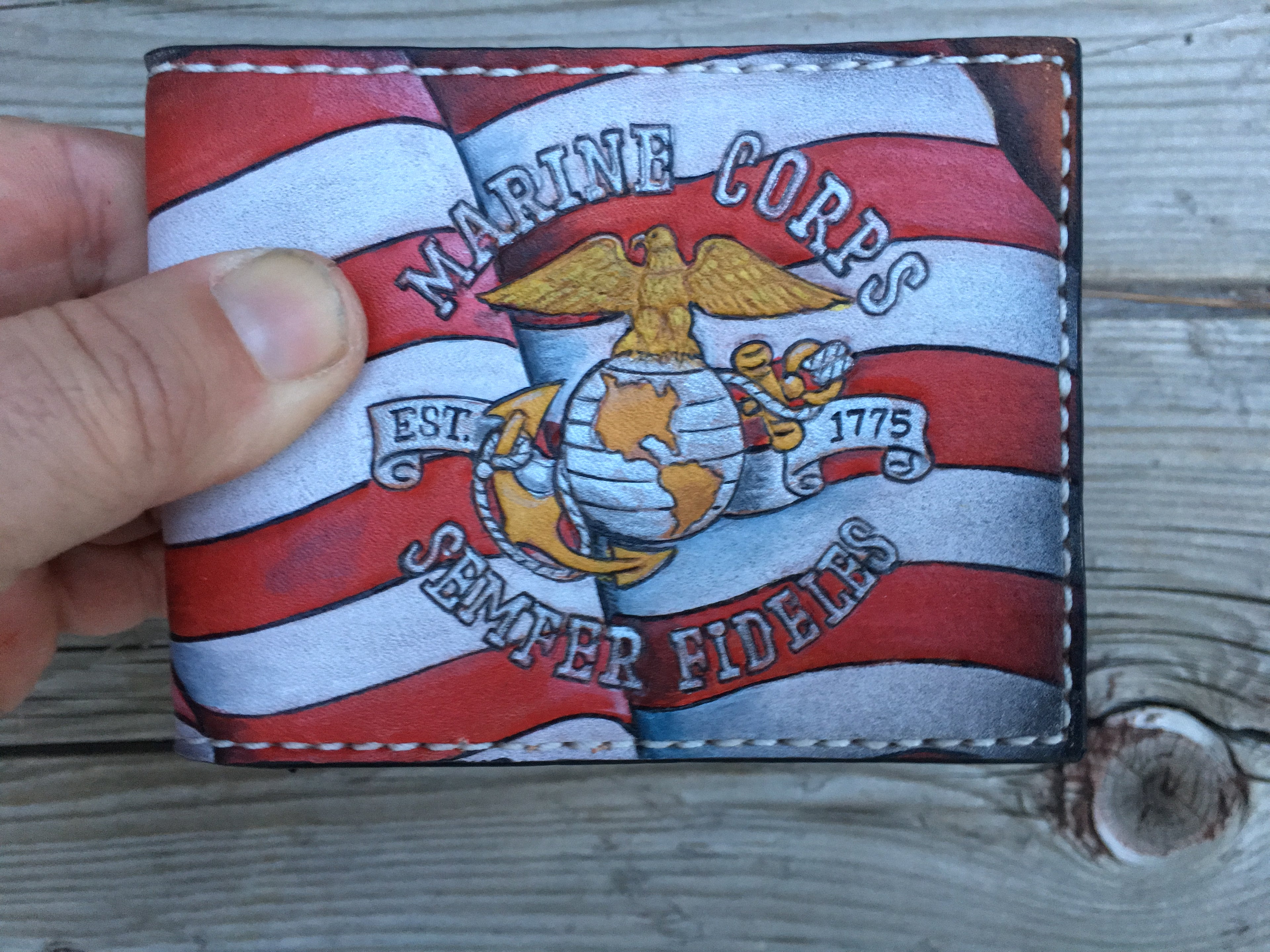 Military Branch Bifold Wallet - Wavy Hand tooled American Flag Background - Made in USA