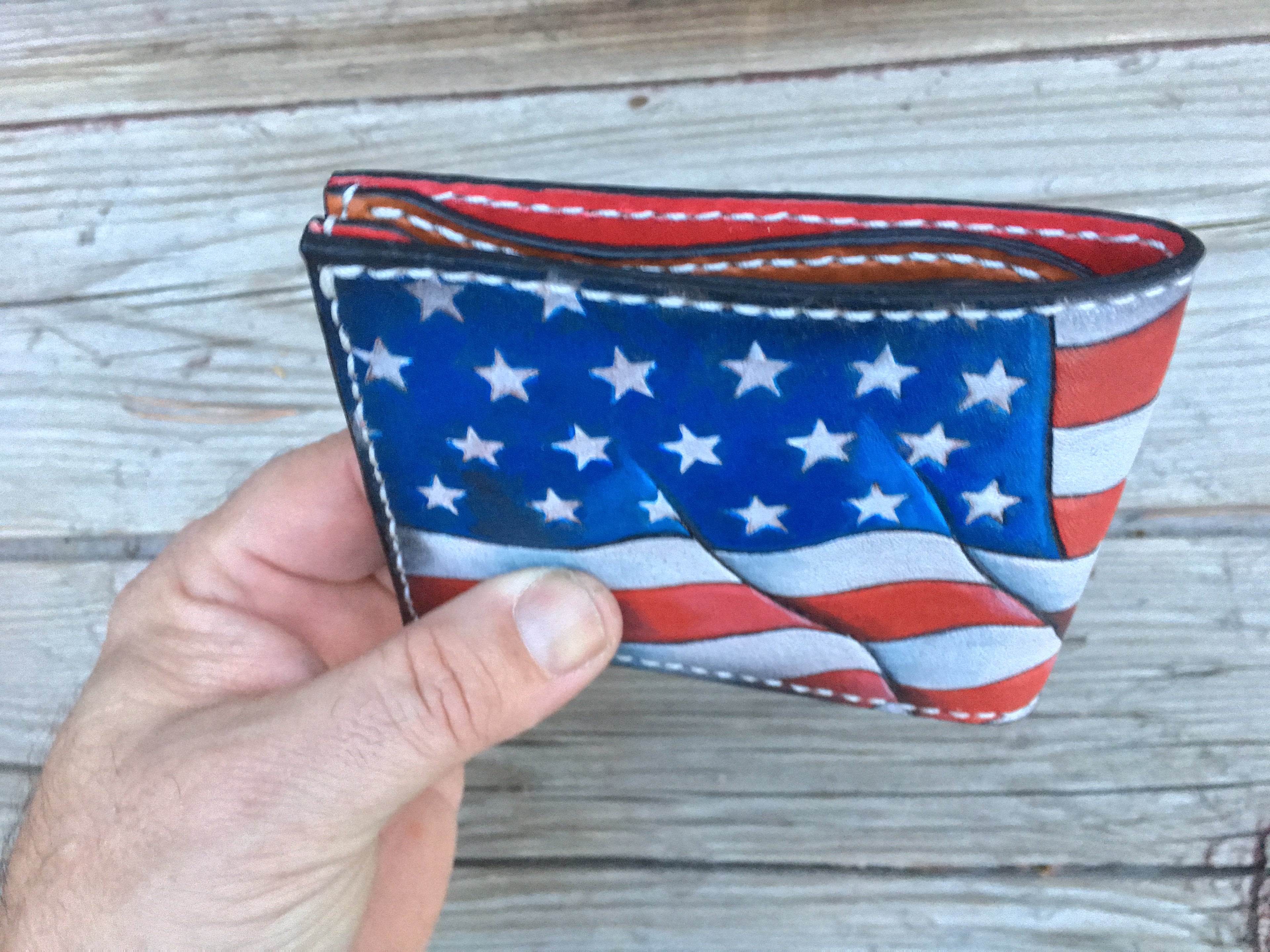 Military Branch Bifold Wallet - Wavy Hand tooled American Flag Background - Made in USA