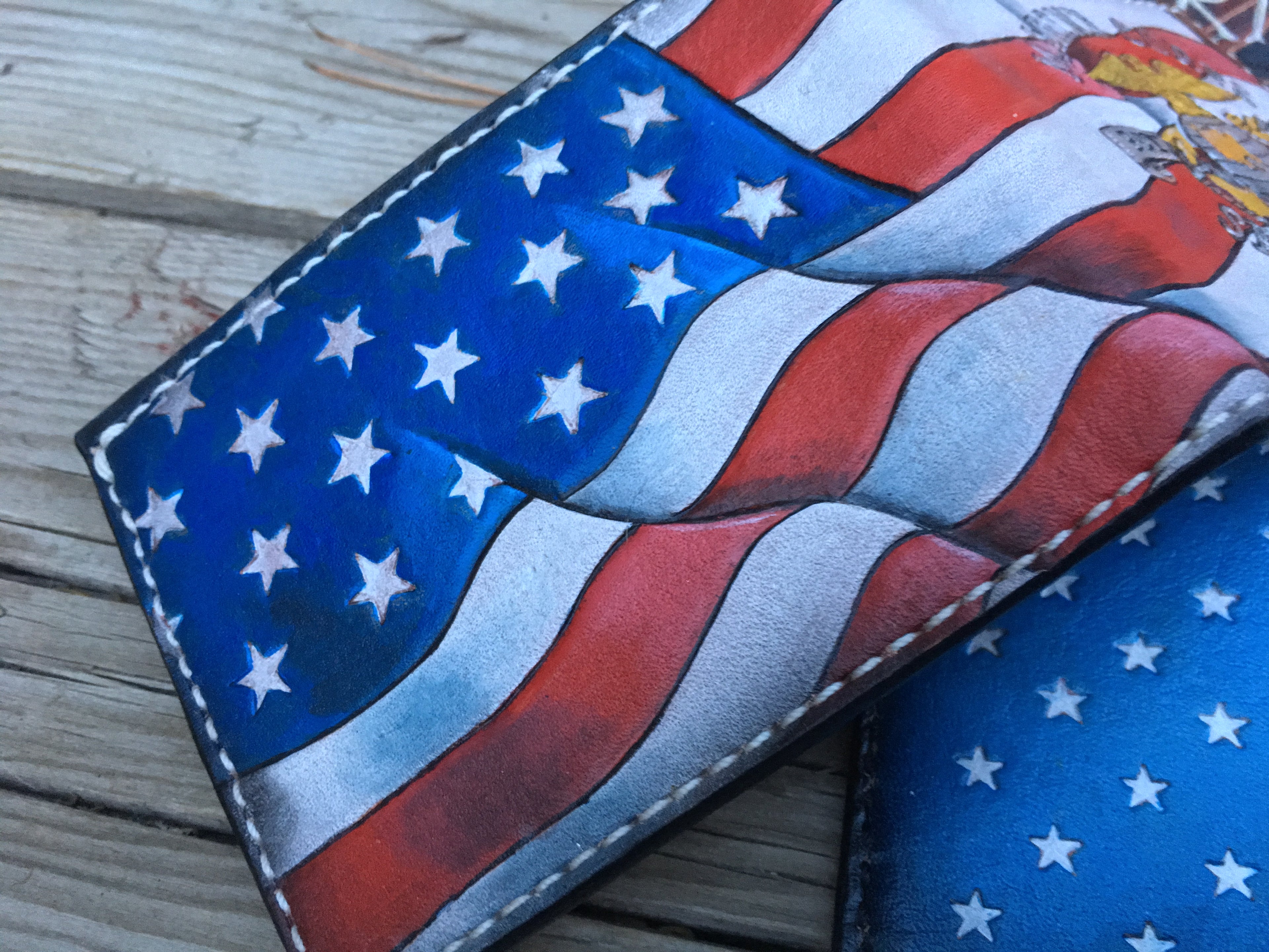 Military Branch Bifold Wallet - Wavy Hand tooled American Flag Background - Made in USA
