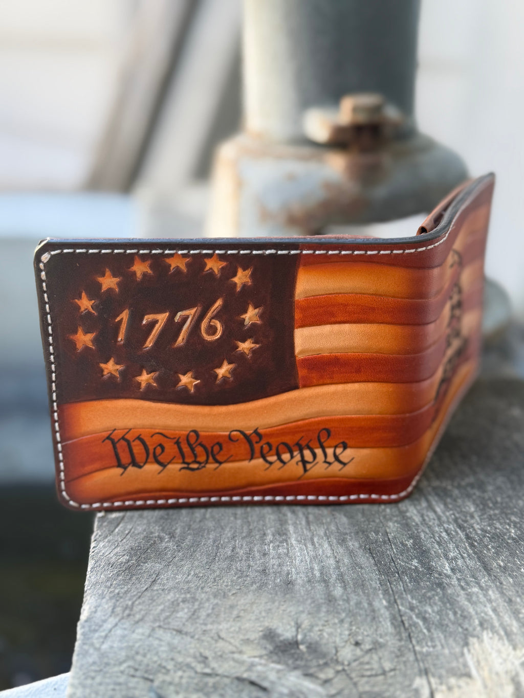 Patriot Gear - Don't Tread on Me / We The People / Betsy Ross Flag Hand Tooled and Engraved Handmade Bifold Wallet