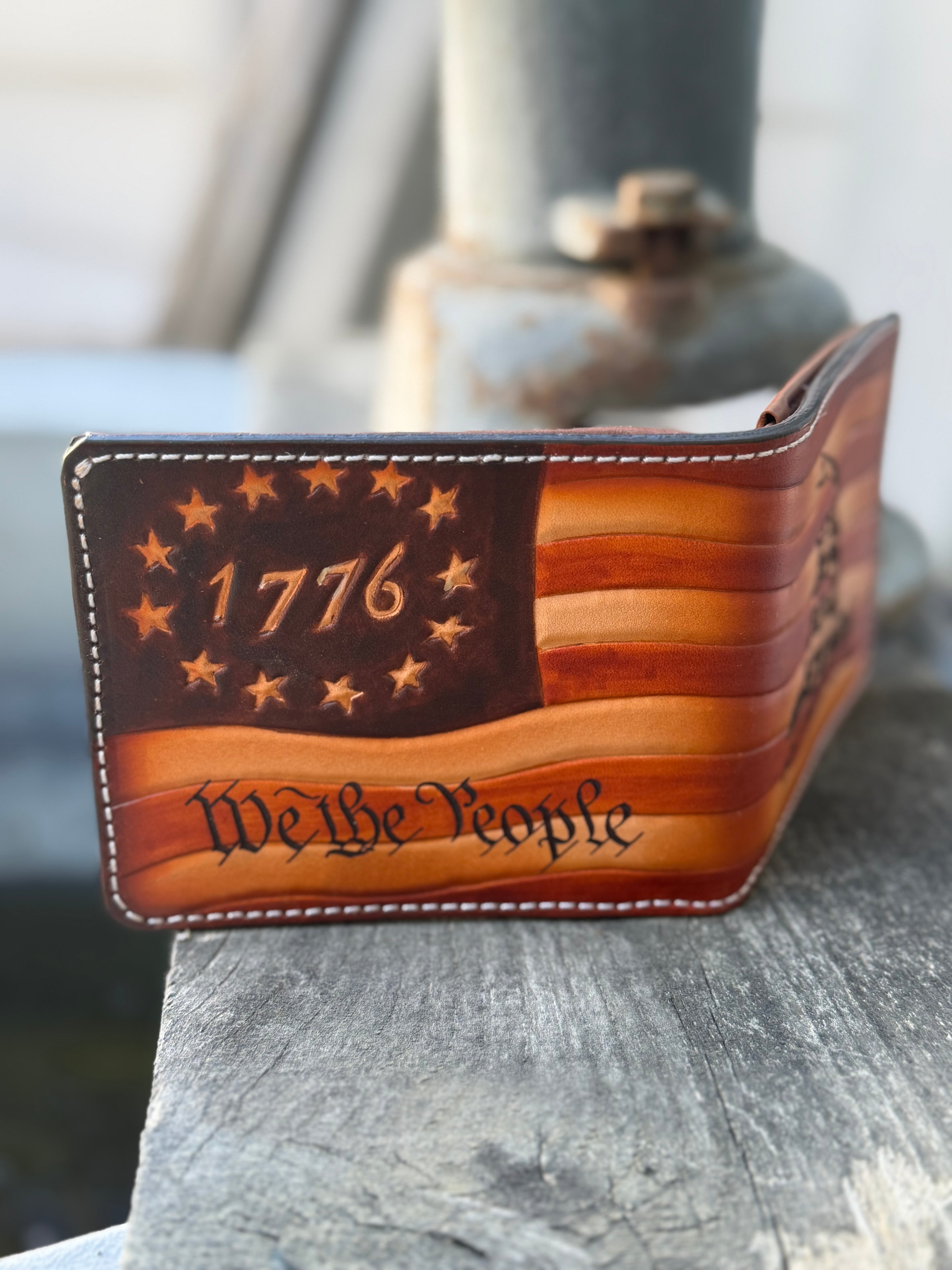 Patriot Gear - Don't Tread on Me / We The People / Betsy Ross Flag Hand Tooled and Engraved Handmade Bifold Wallet