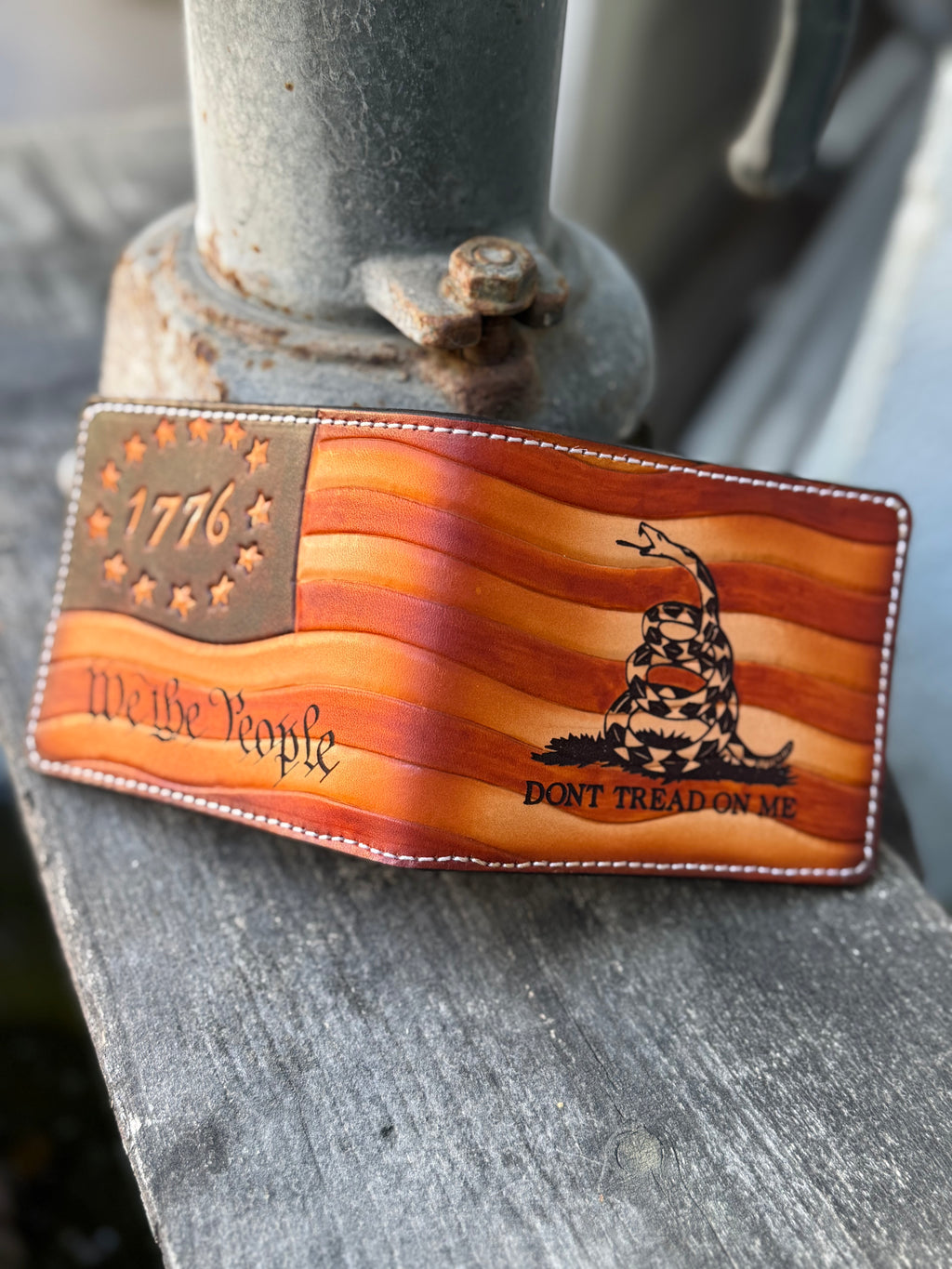 Patriot Gear - Don't Tread on Me / We The People / Betsy Ross Flag Hand Tooled and Engraved Handmade Bifold Wallet