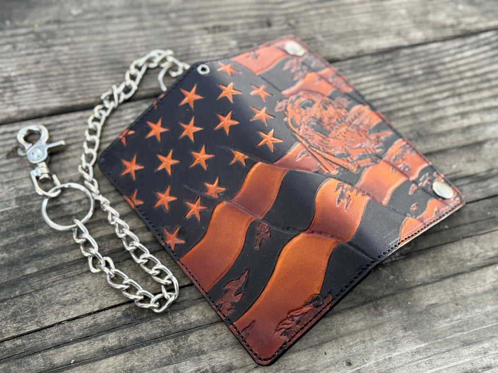 OIF - STARS / STRIPES / SKULL & BULLETS Themed custom tooled leather biker wallet