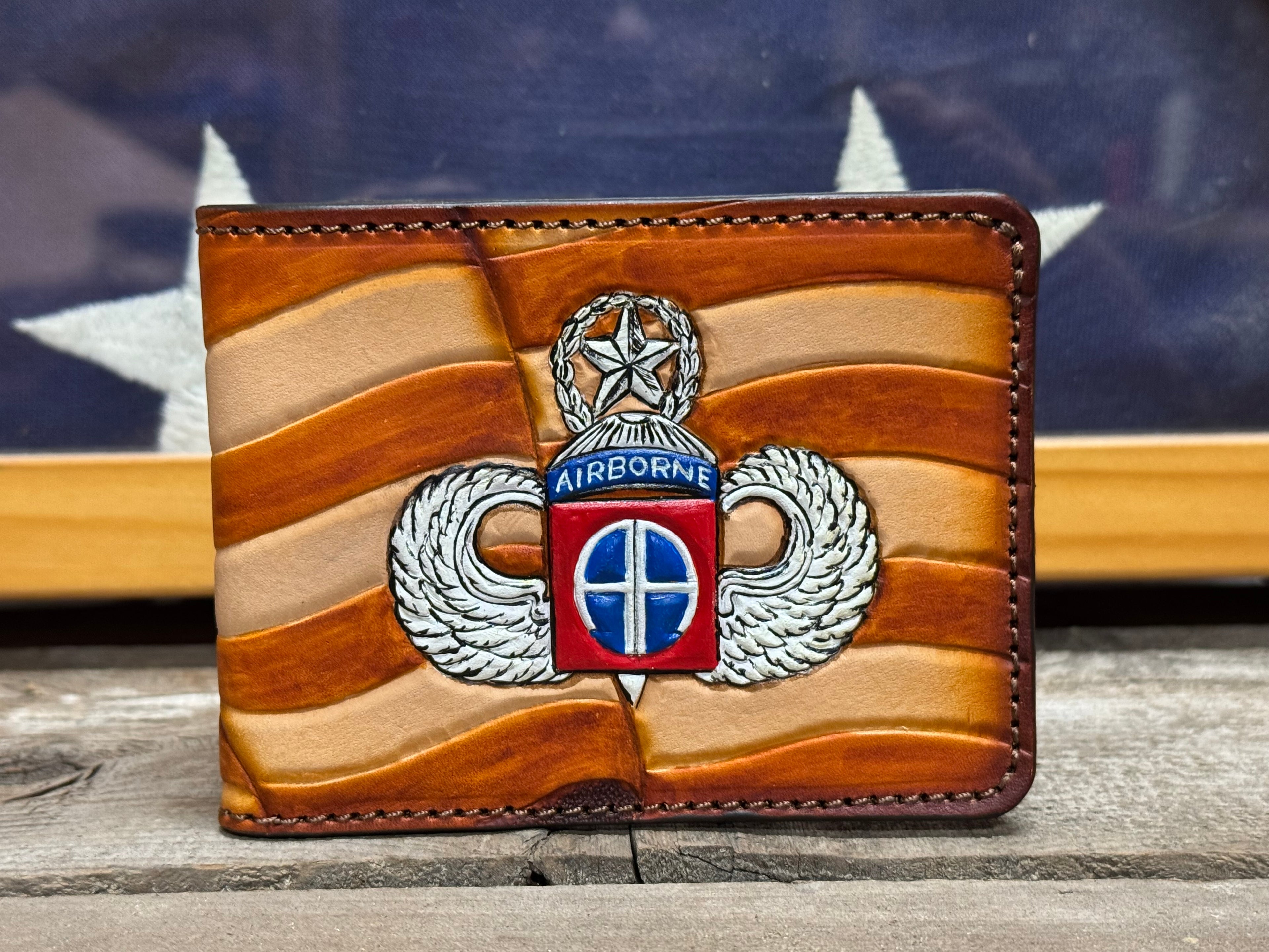 Military Branch Bifold Wallet - Wavy Hand tooled American Flag Background - Made in USA