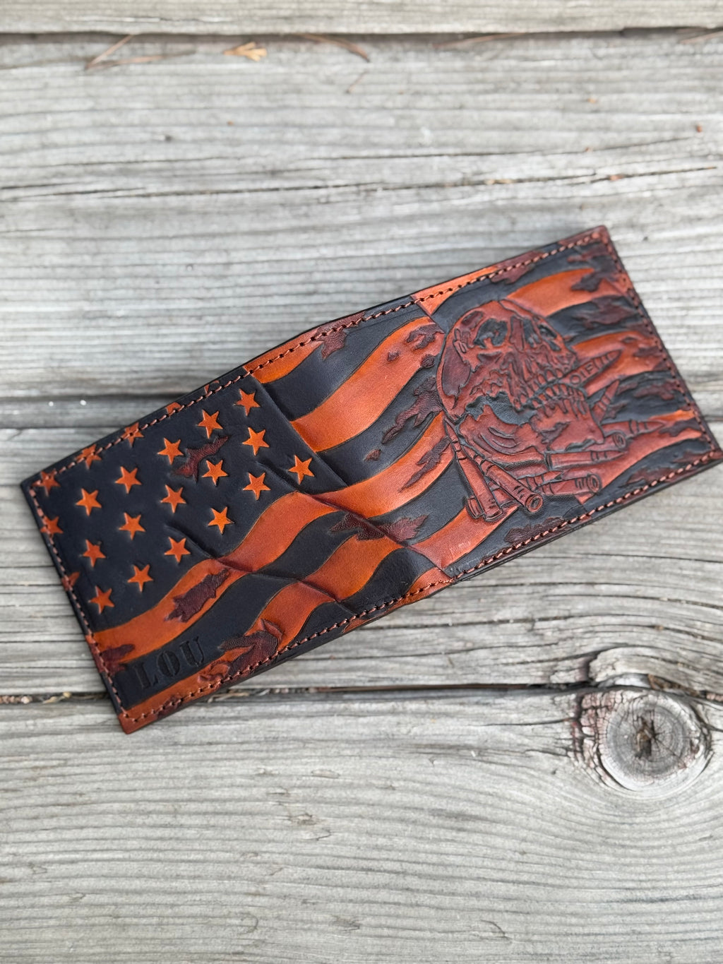 OIF - Skull Flag and Bullets Design Hand Carved Bifold Wallet - Made in USA