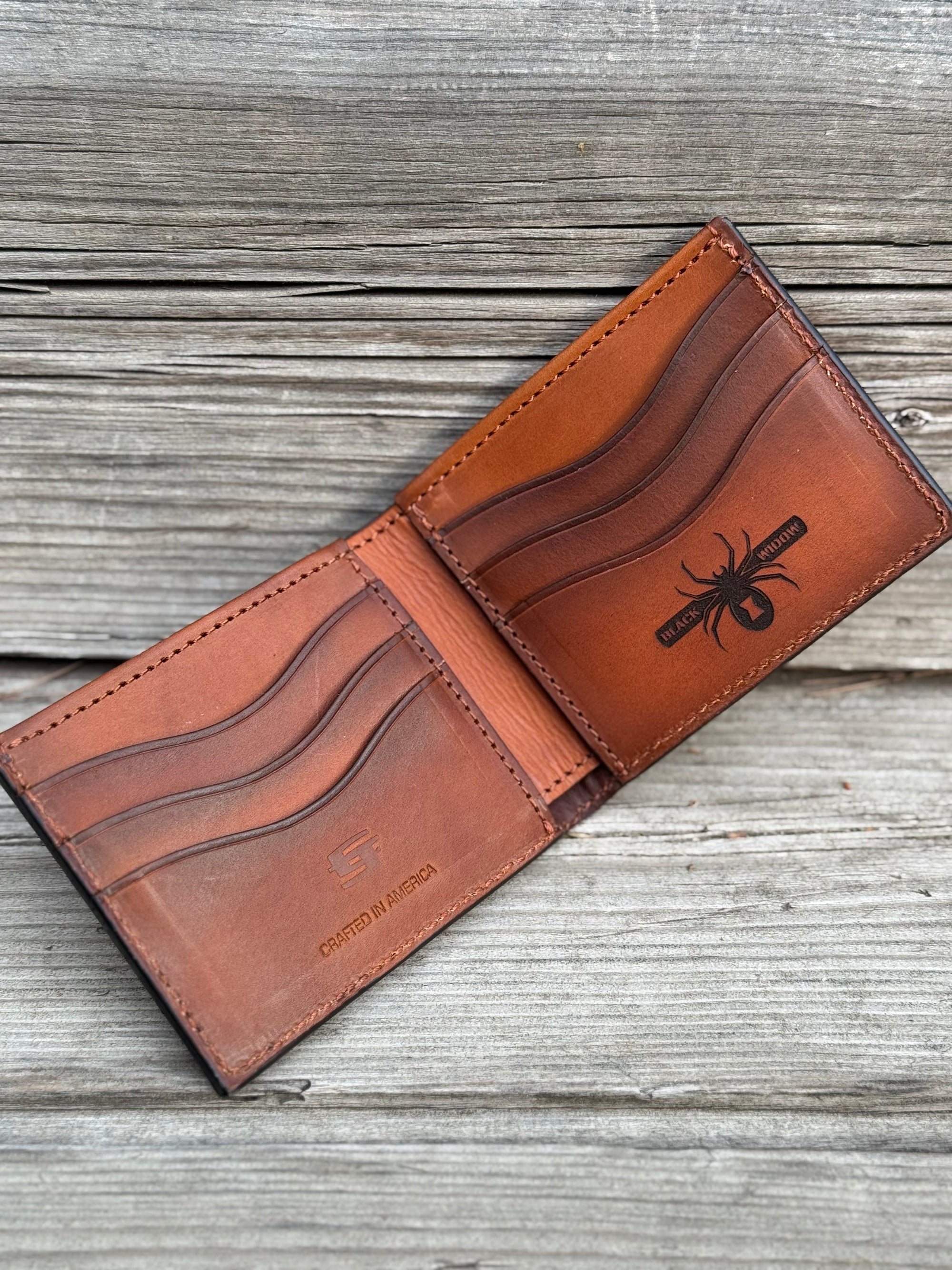 Military Branch Bifold Wallet - Wavy Hand tooled American Flag Background - Made in USA