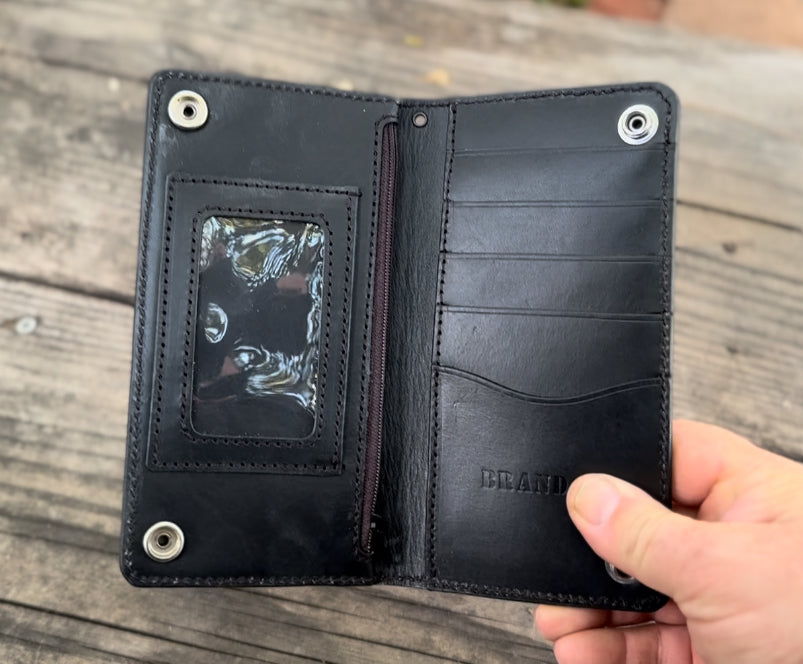 OIF - STARS / STRIPES / SKULL & BULLETS Themed custom tooled leather biker wallet