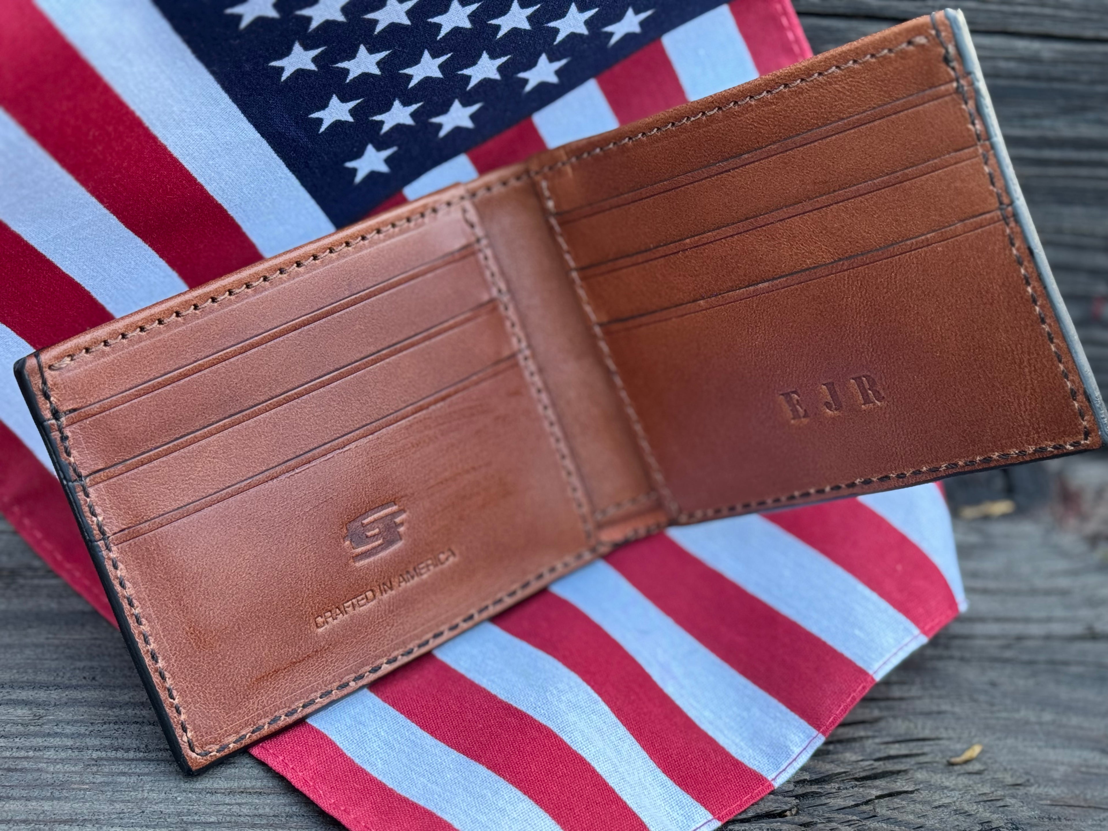 Military Branch Bifold Wallet - Wavy Hand tooled American Flag Background - Made in USA