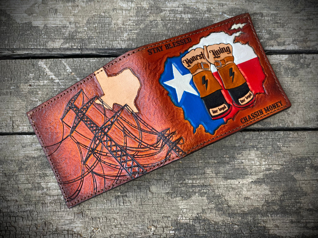 Texas Lineman Wallet - Custom Hand tooled Premium Bifold - Made in USA