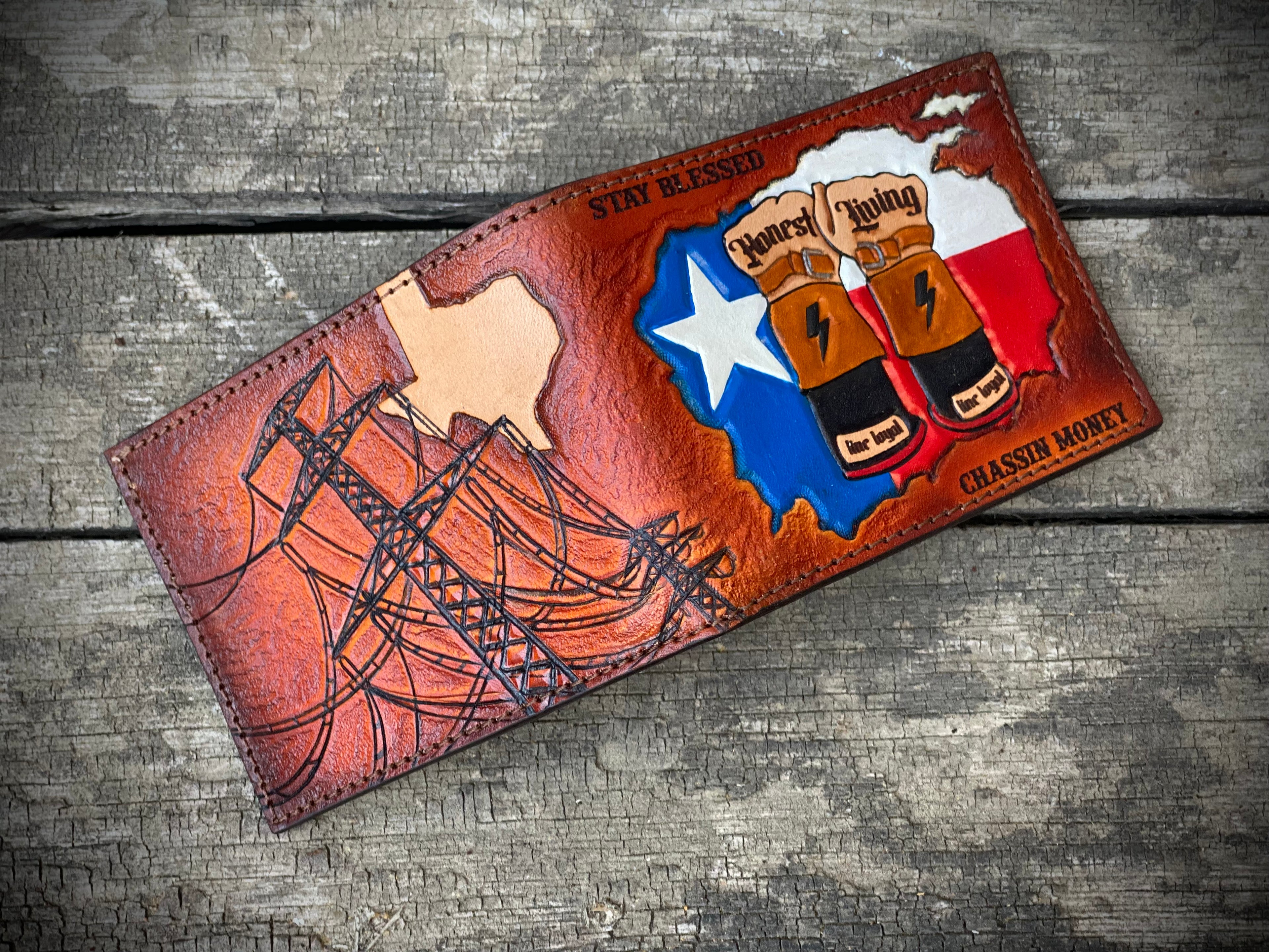 Texas Lineman Wallet - Custom Hand tooled Premium Bifold - Made in USA