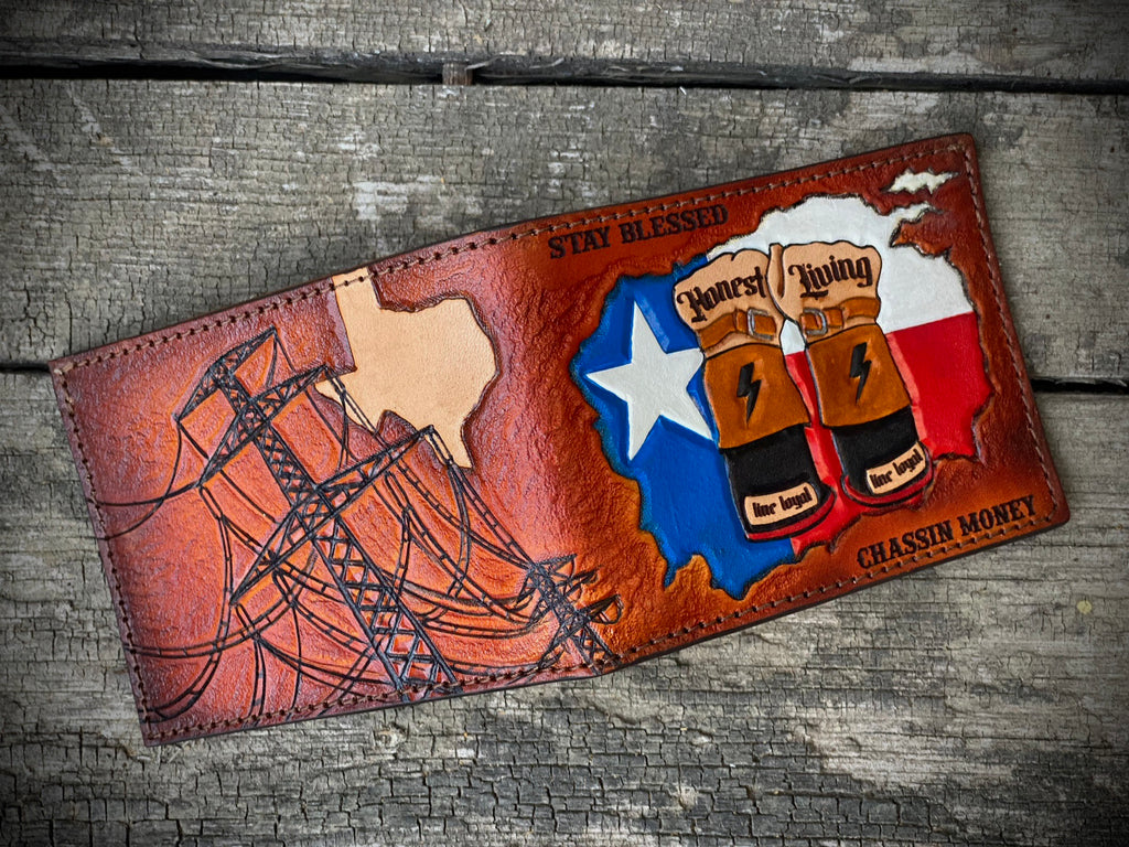 Texas Lineman Wallet - Custom Hand tooled Premium Bifold - Made in USA