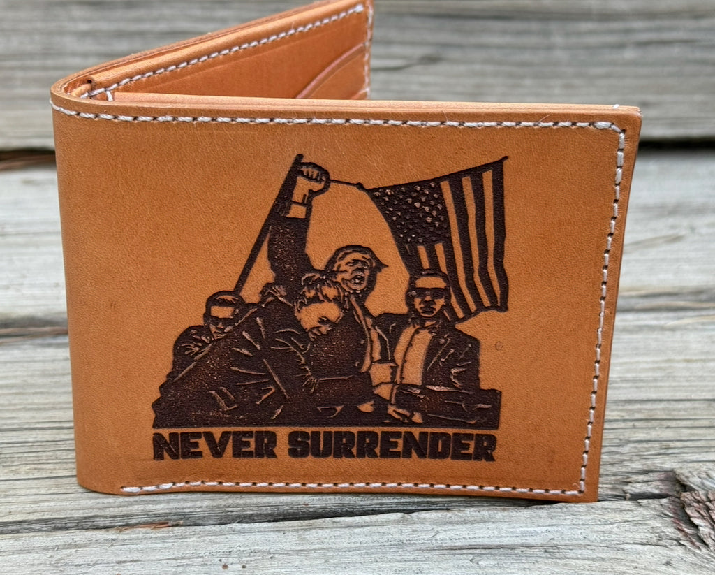 Never Surrender - Trump Butler PA Engraved Silhouette - Handmade Premium Bifold Wallet
