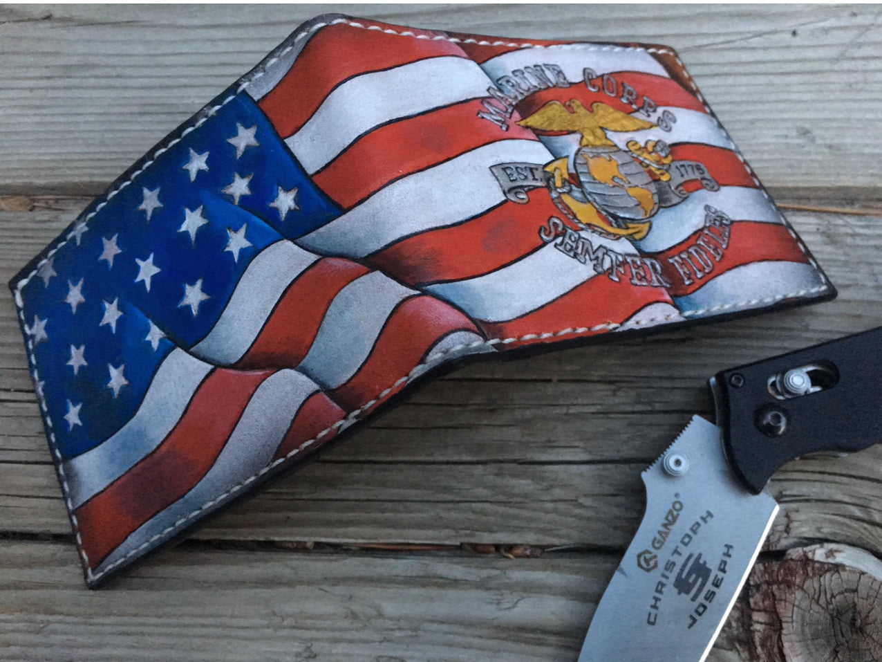 Military Branch Bifold Wallet - Wavy Hand tooled American Flag Background - Made in USA