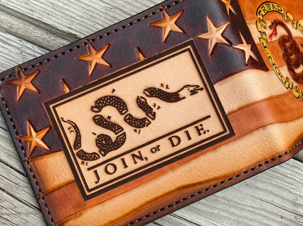 Don't Tread on Me / Join or Die Hand Tooled Custom Bifold Wallet