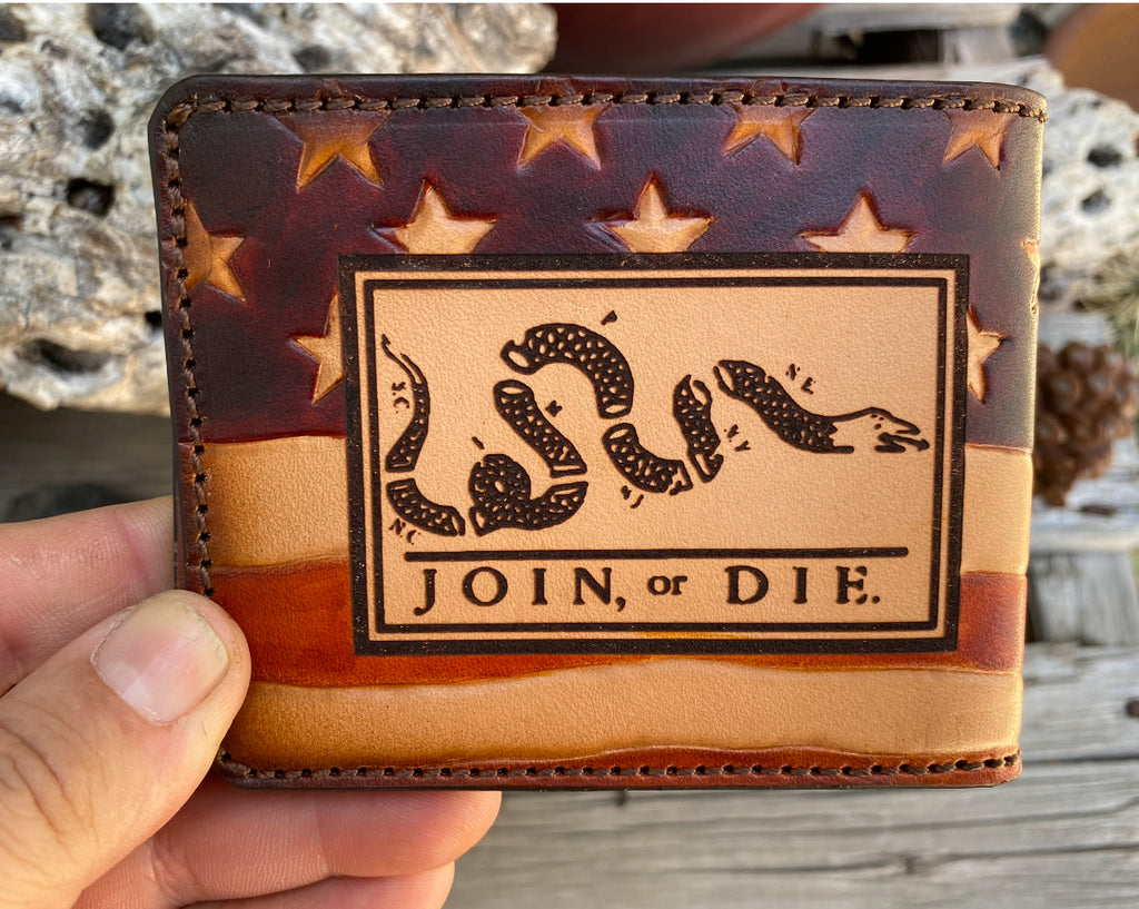 Don't Tread on Me / Join or Die Hand Tooled Custom Bifold Wallet