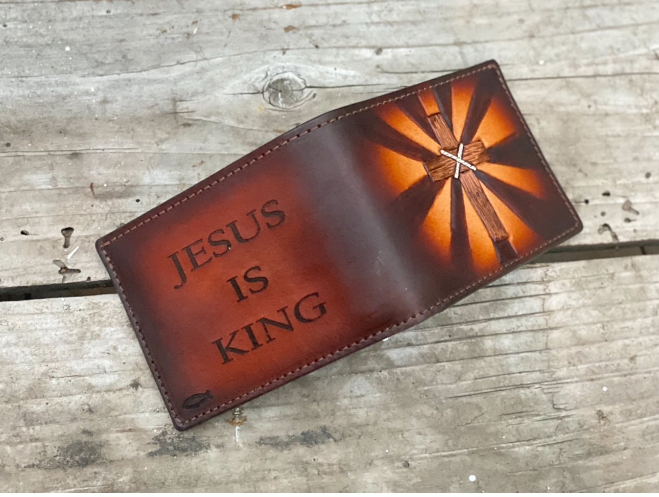 Jesus is King / Radiant Cross / Engraved and Hand Tooled Bifold Wallet