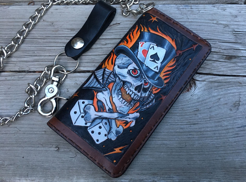 Lucky 7 Gambler Wallet - Tattoo Style Hand Tooled Biker Long Wallet - Handmade in the USA