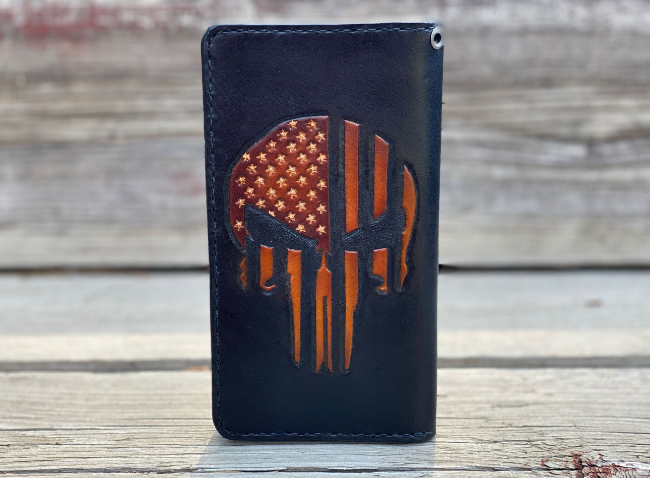 Punisher Skull Biker Wallet - Tooled Flag Silhouette on Top Grade Leather - Handmade is the USA