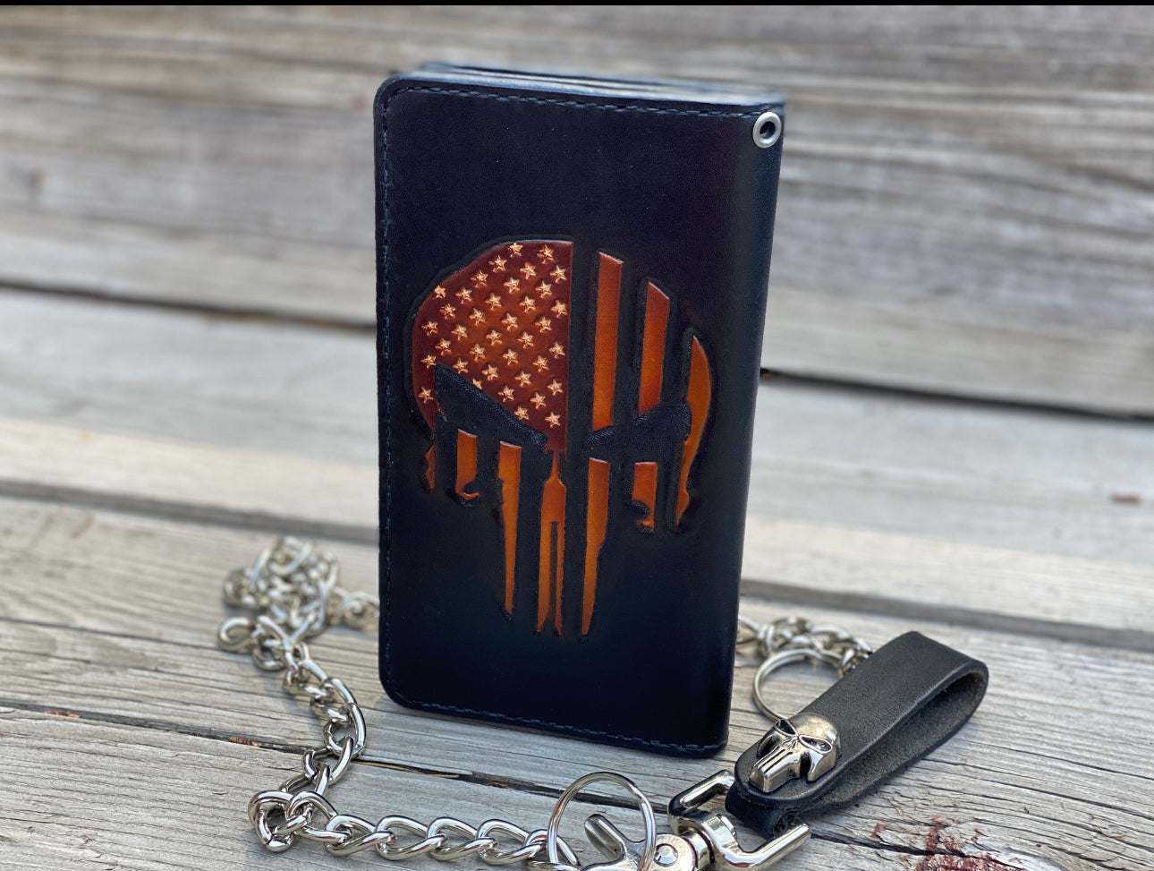 Punisher Skull Biker Wallet - Tooled Flag Silhouette on Top Grade Leather - Handmade is the USA