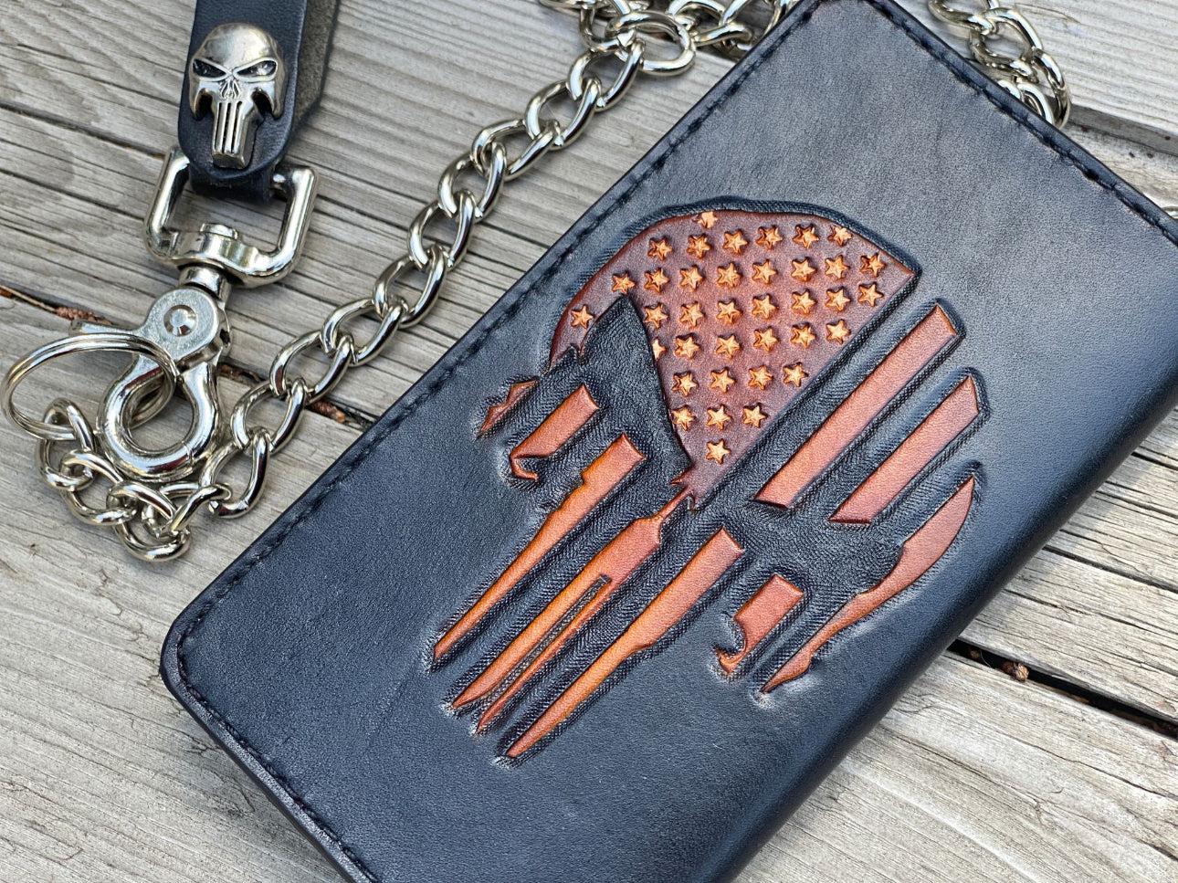 Punisher Skull Biker Wallet - Tooled Flag Silhouette on Top Grade Leather - Handmade is the USA
