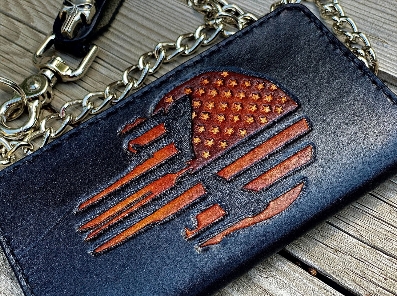 Punisher Skull Biker Wallet - Tooled Flag Silhouette on Top Grade Leather - Handmade is the USA