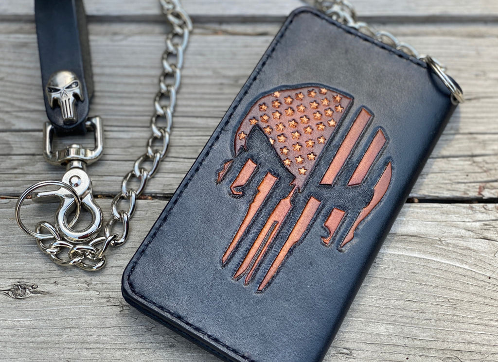Punisher Skull Biker Wallet - Tooled Flag Silhouette on Top Grade Leather - Handmade is the USA