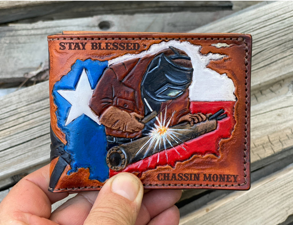 Texas Oil Rig Welder Custom Tooled Bifold Wallet Design - Made in USA