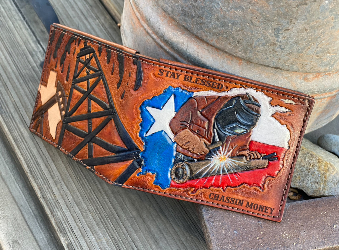 Texas Oil Rig Welder Custom Tooled Bifold Wallet Design - Made in USA