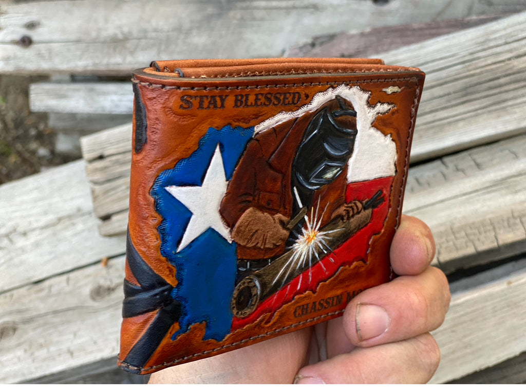 Texas Oil Rig Welder Custom Tooled Bifold Wallet Design - Made in USA