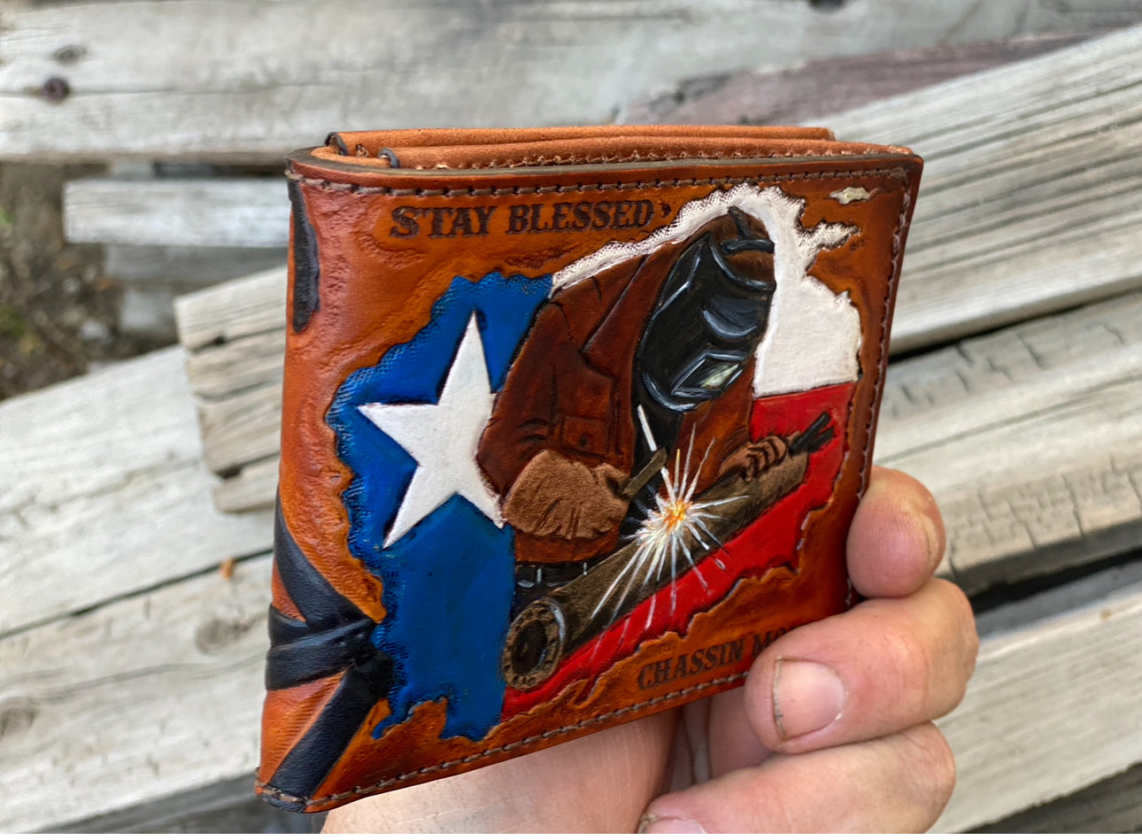 Texas Oil Rig Welder Custom Tooled Bifold Wallet Design - Made in USA