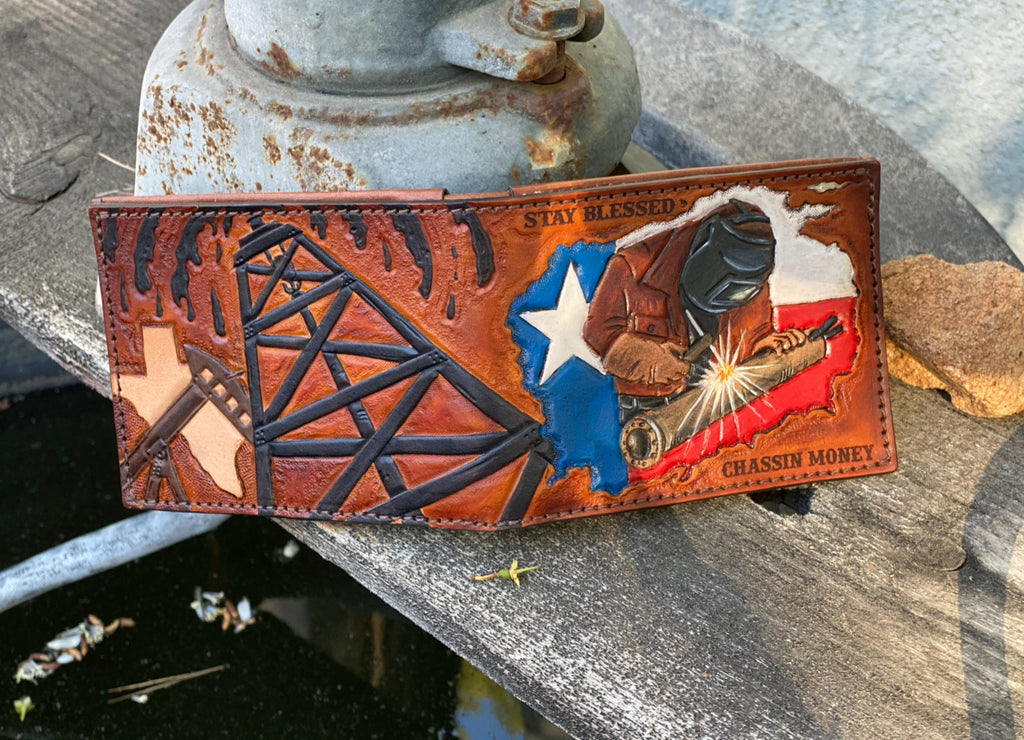 Texas Oil Rig Welder Custom Tooled Bifold Wallet Design - Made in USA