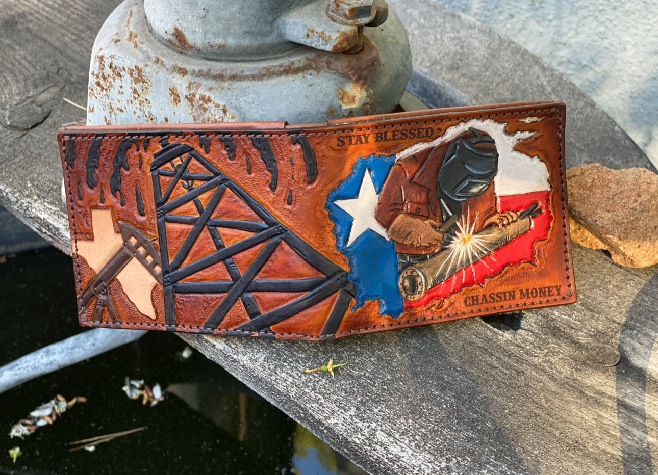 Texas Oil Rig Welder Custom Tooled Bifold Wallet Design - Made in USA