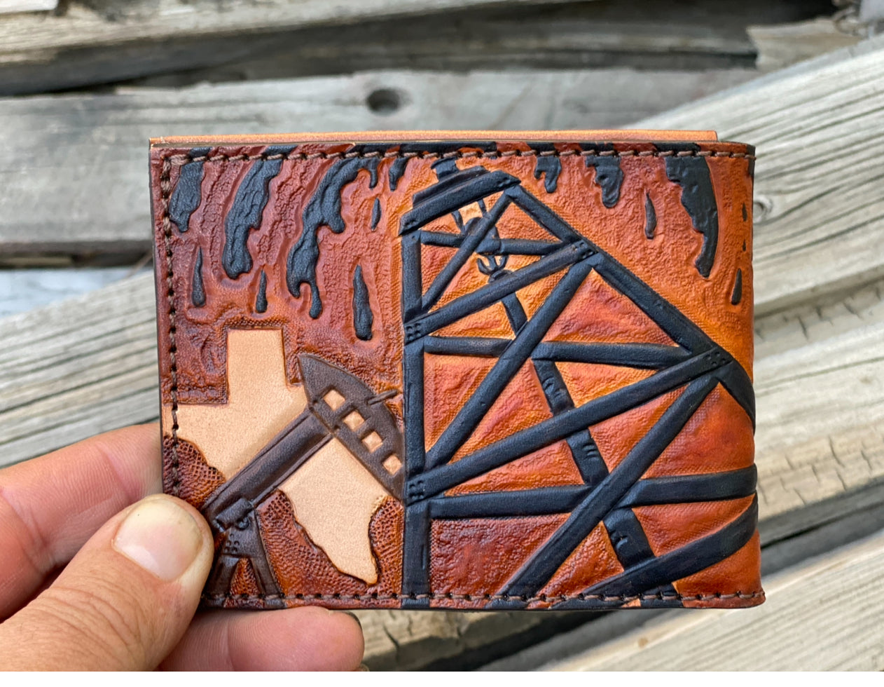 Texas Oil Rig Welder Custom Tooled Bifold Wallet Design - Made in USA