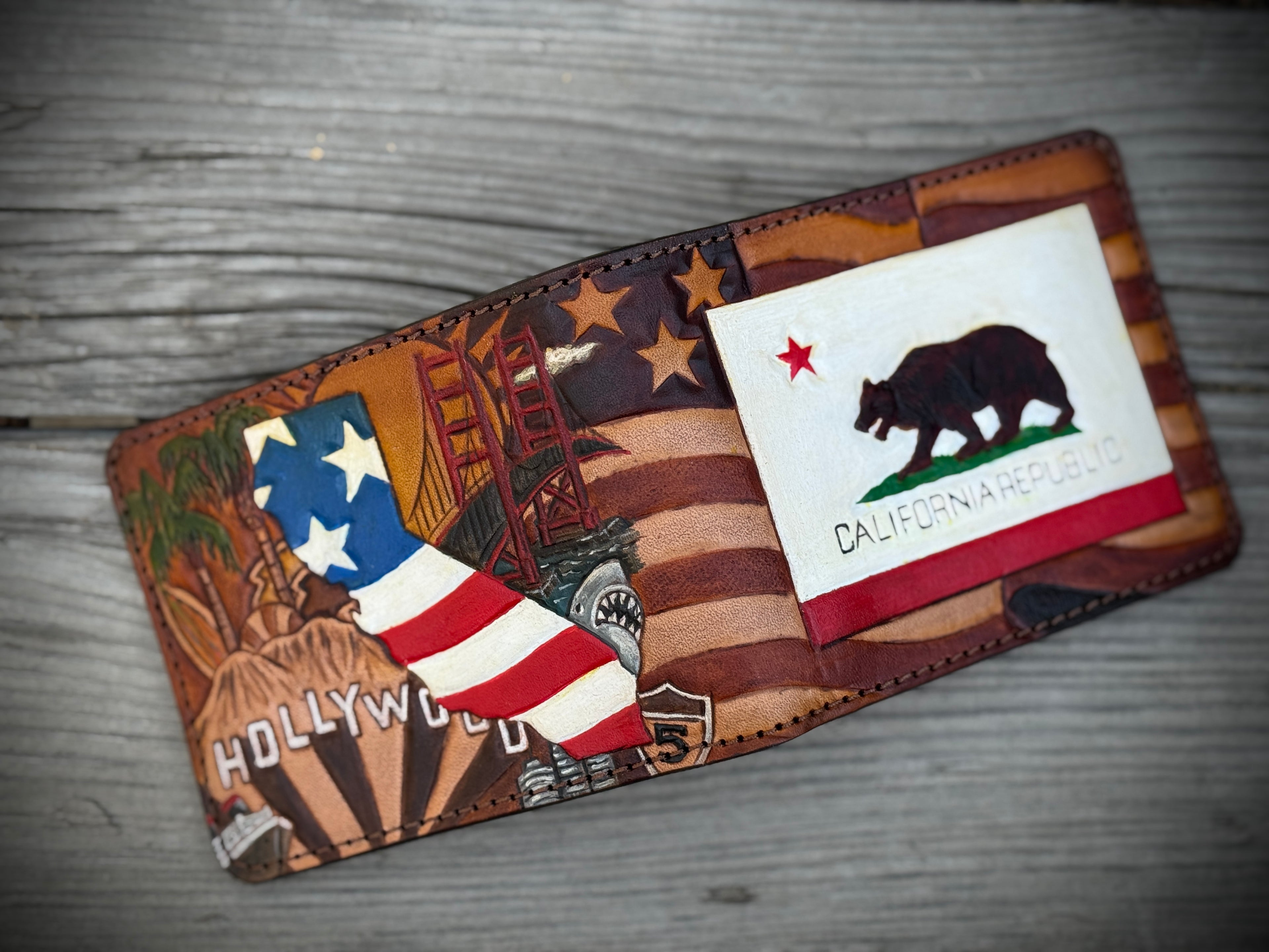 California Pride Bifold / Patriotic Hand tooled Premium Leather Wallet - Handmade in USA