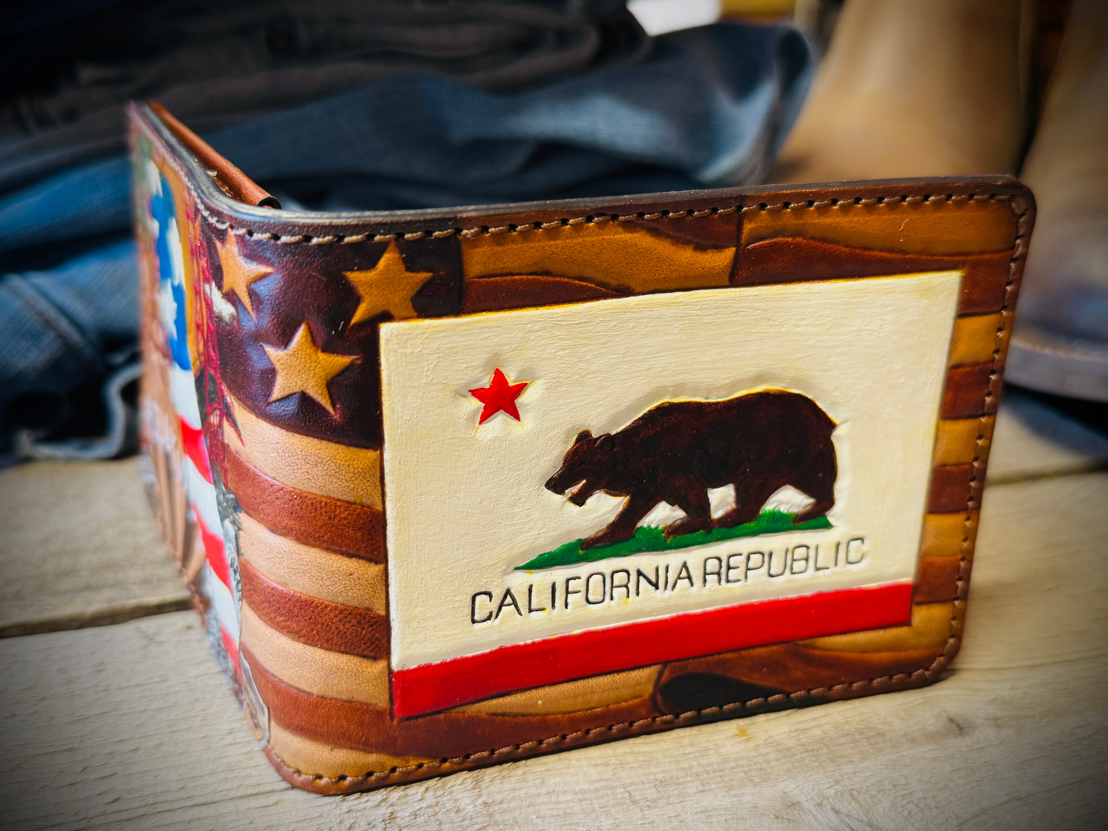 California Pride Bifold / Patriotic Hand tooled Premium Leather Wallet - Handmade in USA