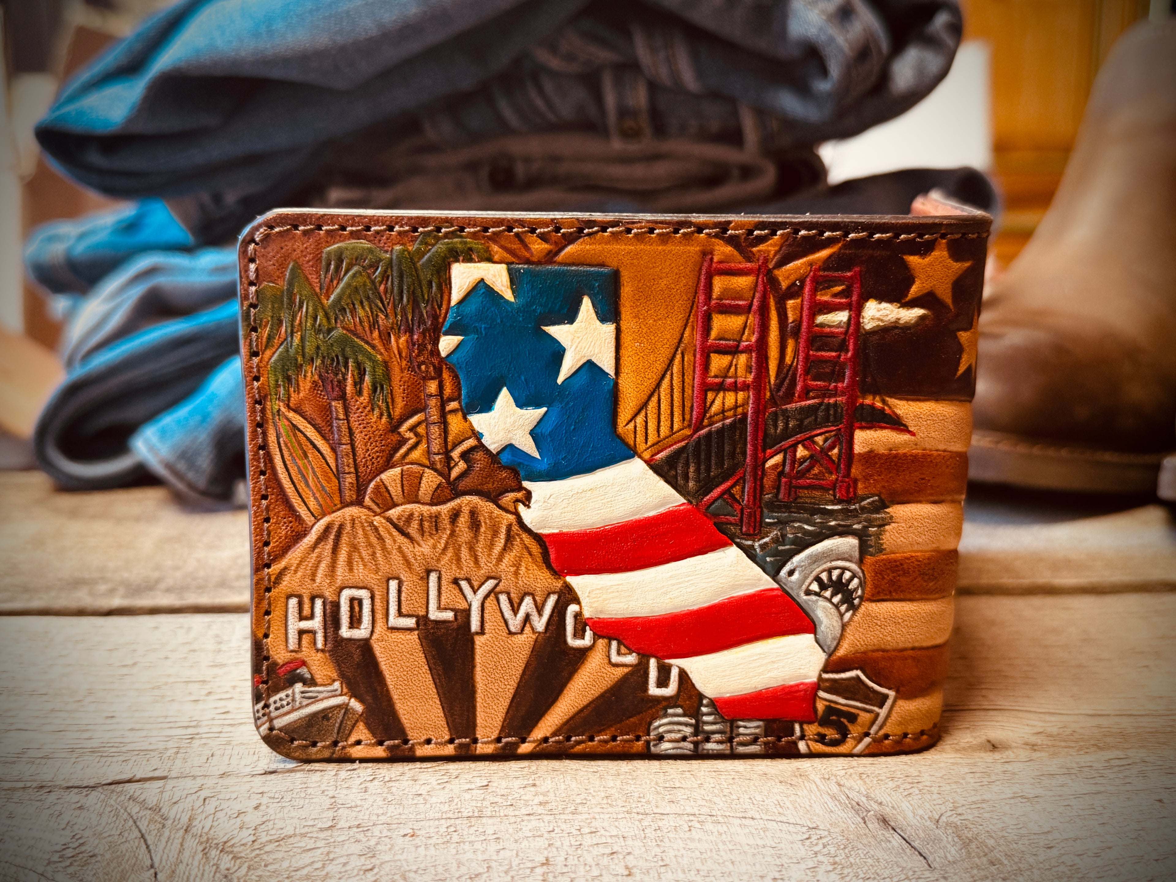 California Pride Bifold / Patriotic Hand tooled Premium Leather Wallet - Handmade in USA