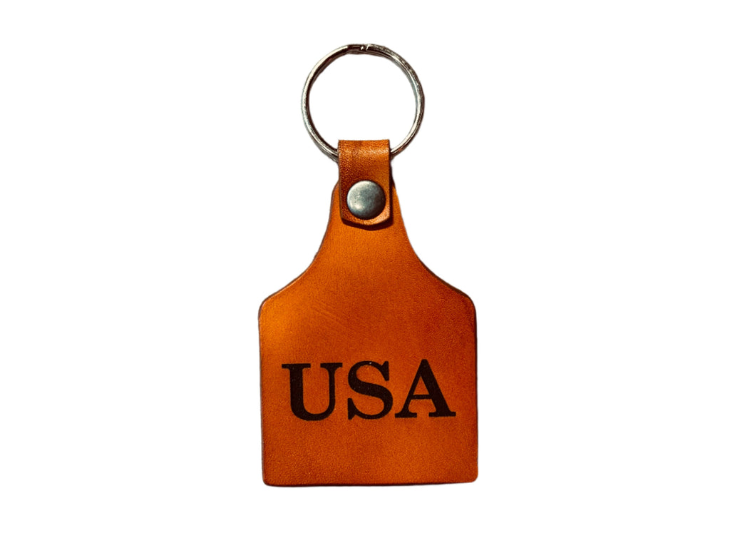 USA / American Flag Engraved Leather Key Ring Fob - Double sided Cow tag